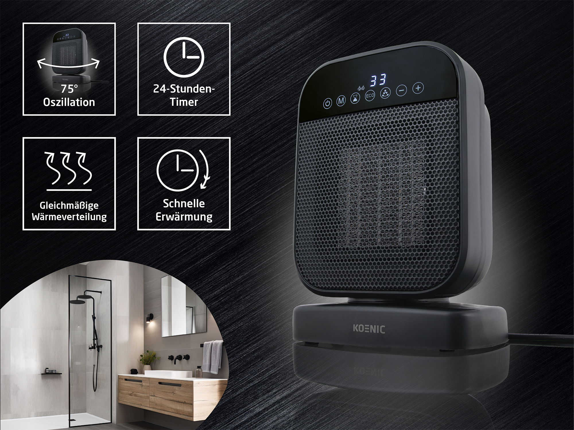 Ein schwarzer Koenic-Heizlüfter mit Touch-Display, Oszillation und Timer, platziert vor einem dunklen Hintergrund.