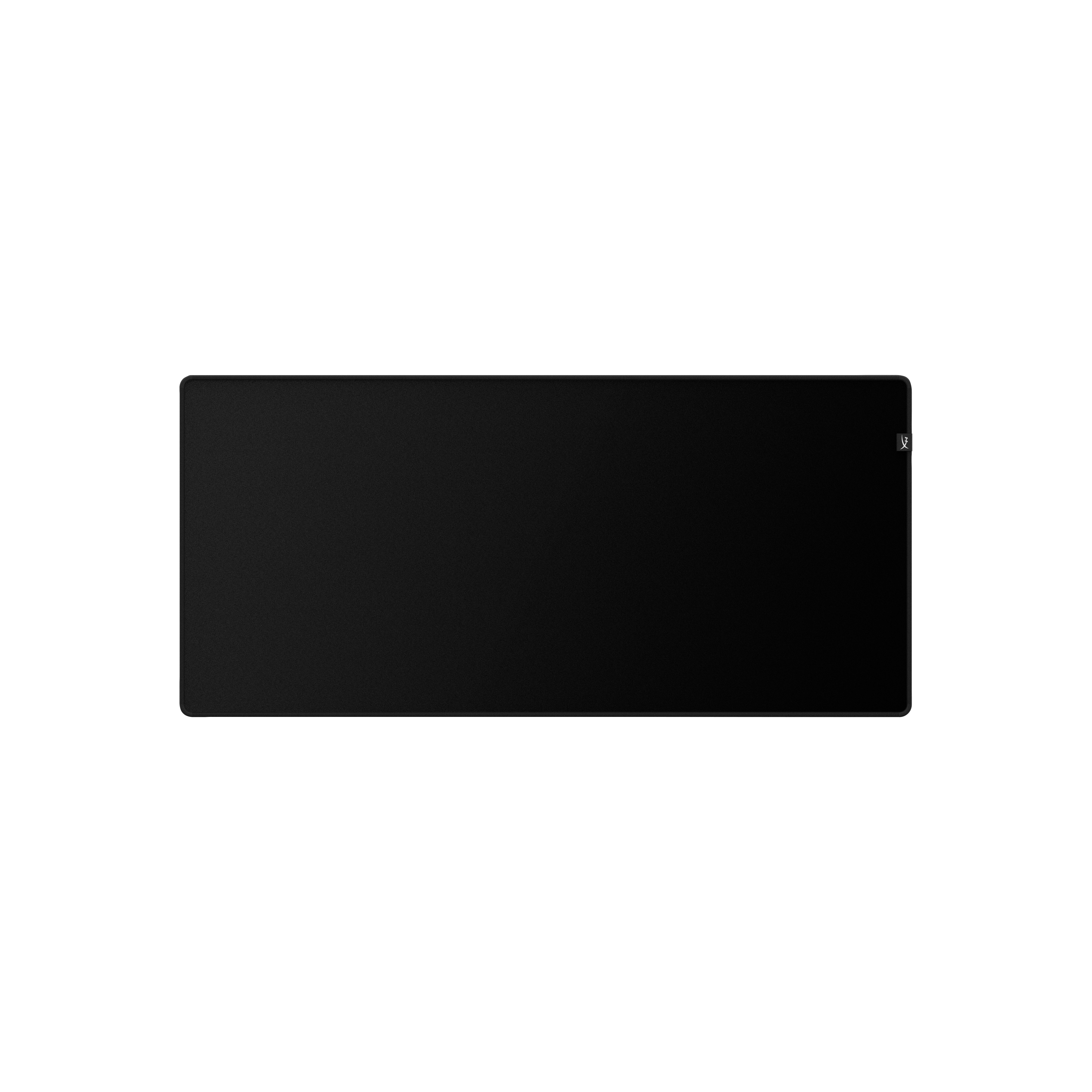 Sağ tarafında küçük beyaz bir logo bulunan, yuvarlatılmış köseli düz siyah mousepad.