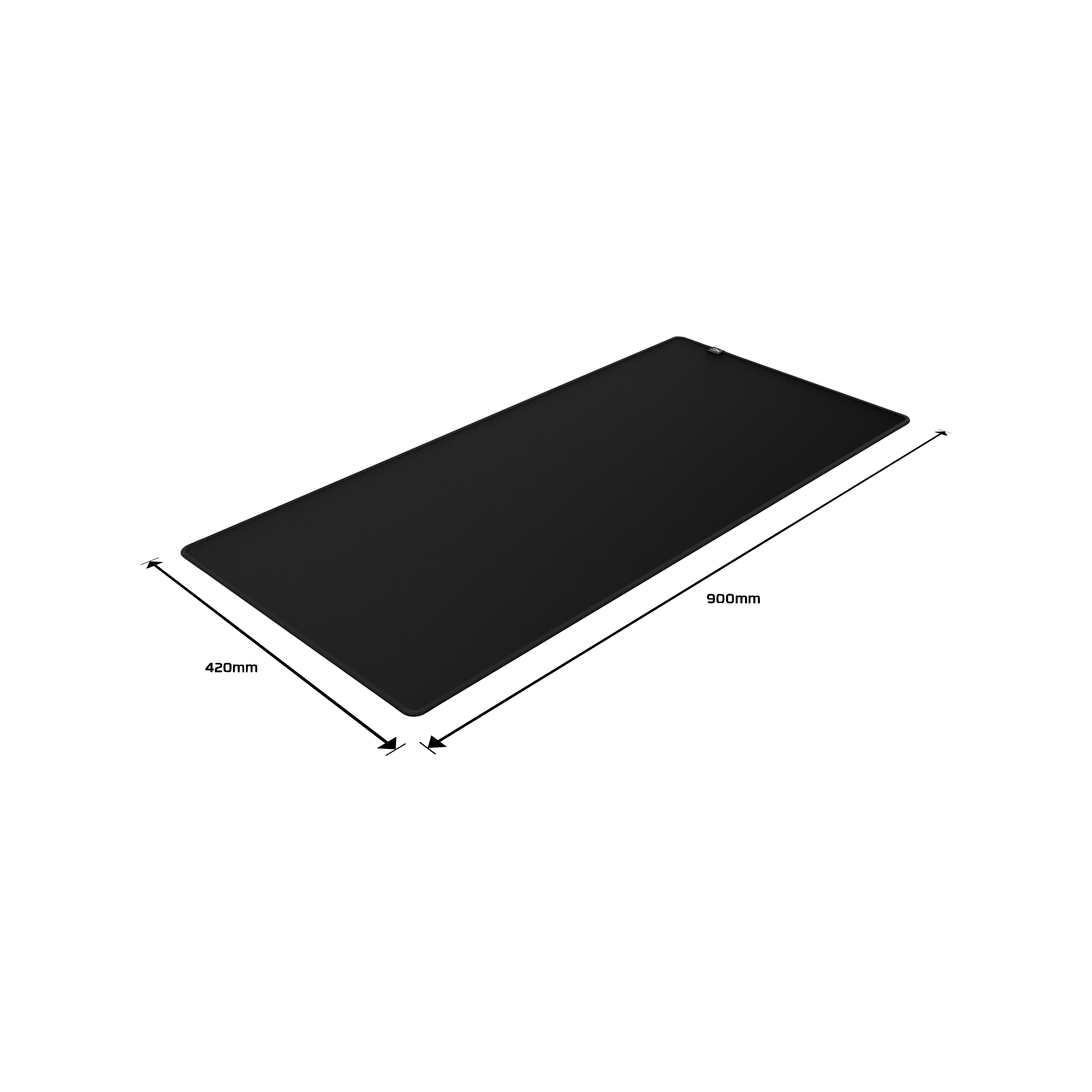 Beyaz arka planda 900 mm'ye 420 mm boyutlarında siyah mousepad.