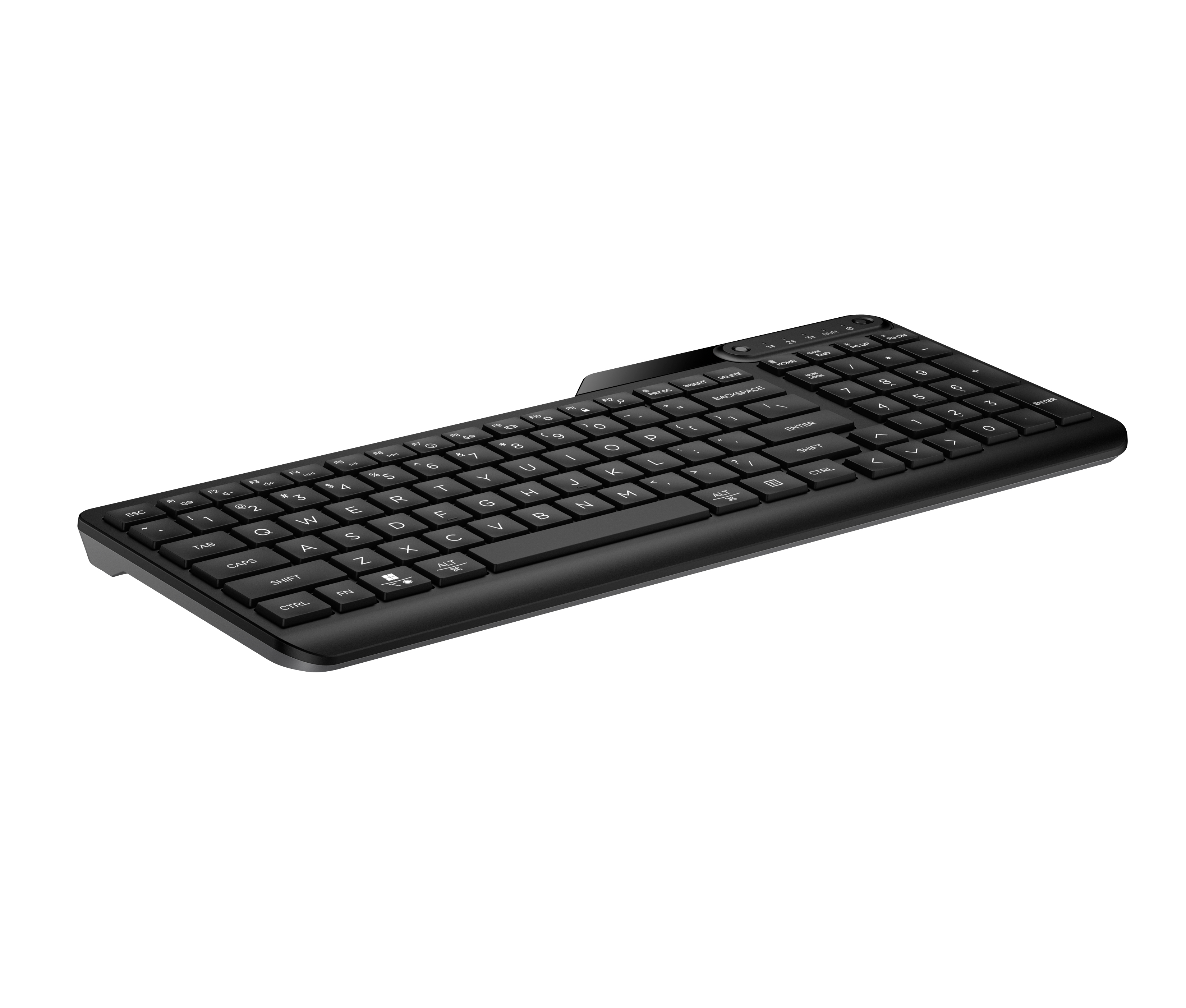 Beyaz arka planda QWERTY düzeni ve sayısal tuş takımı olan açılı siyah kablosuz bilgisayar klavyesi.
