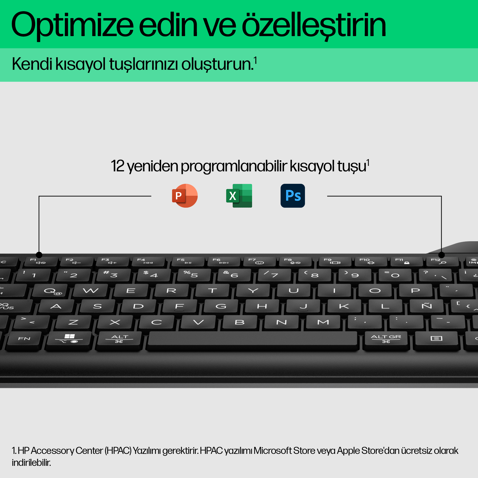 Programlanabilir kısayol tuşları ve yazılım simgeleri olan siyah klavye.