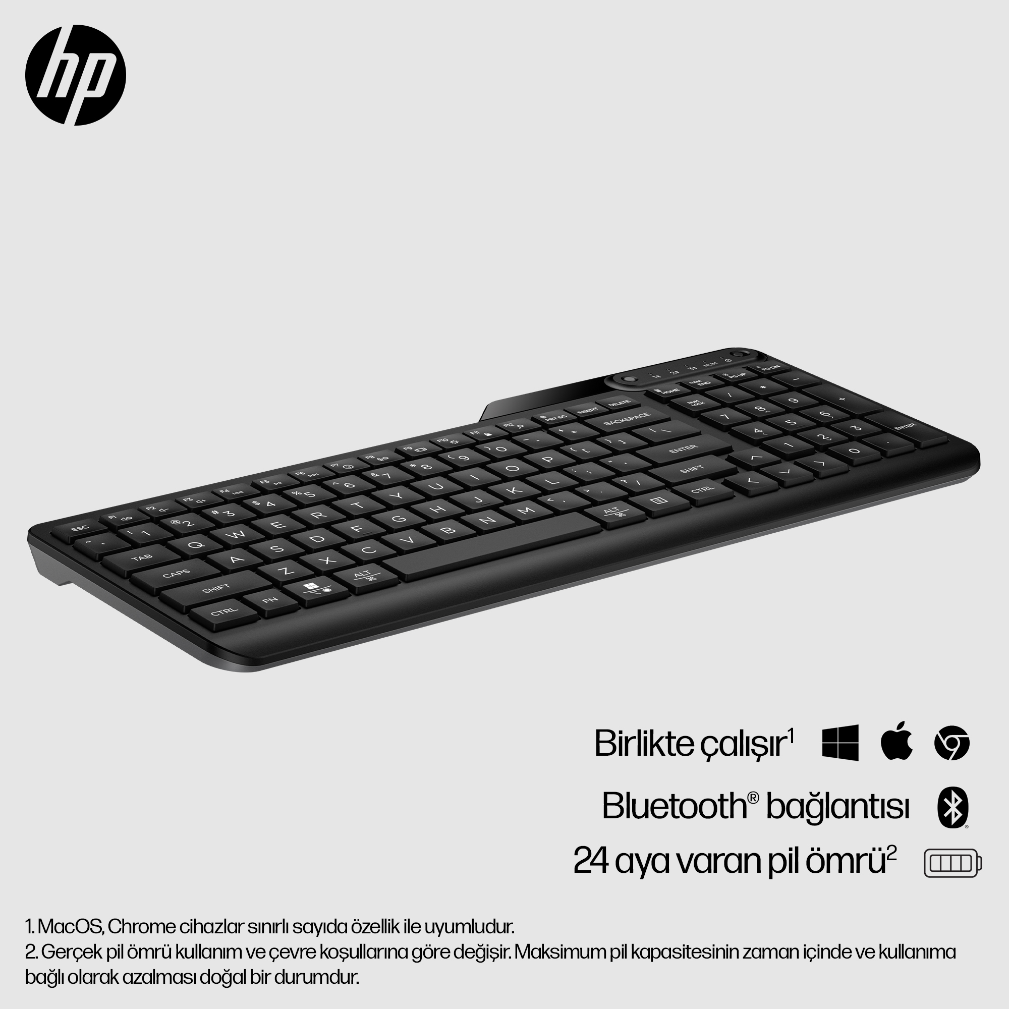 Gri arka plan üzerinde metin ve uyumluluk simgeleriyle siyah HP kablosuz klavye.