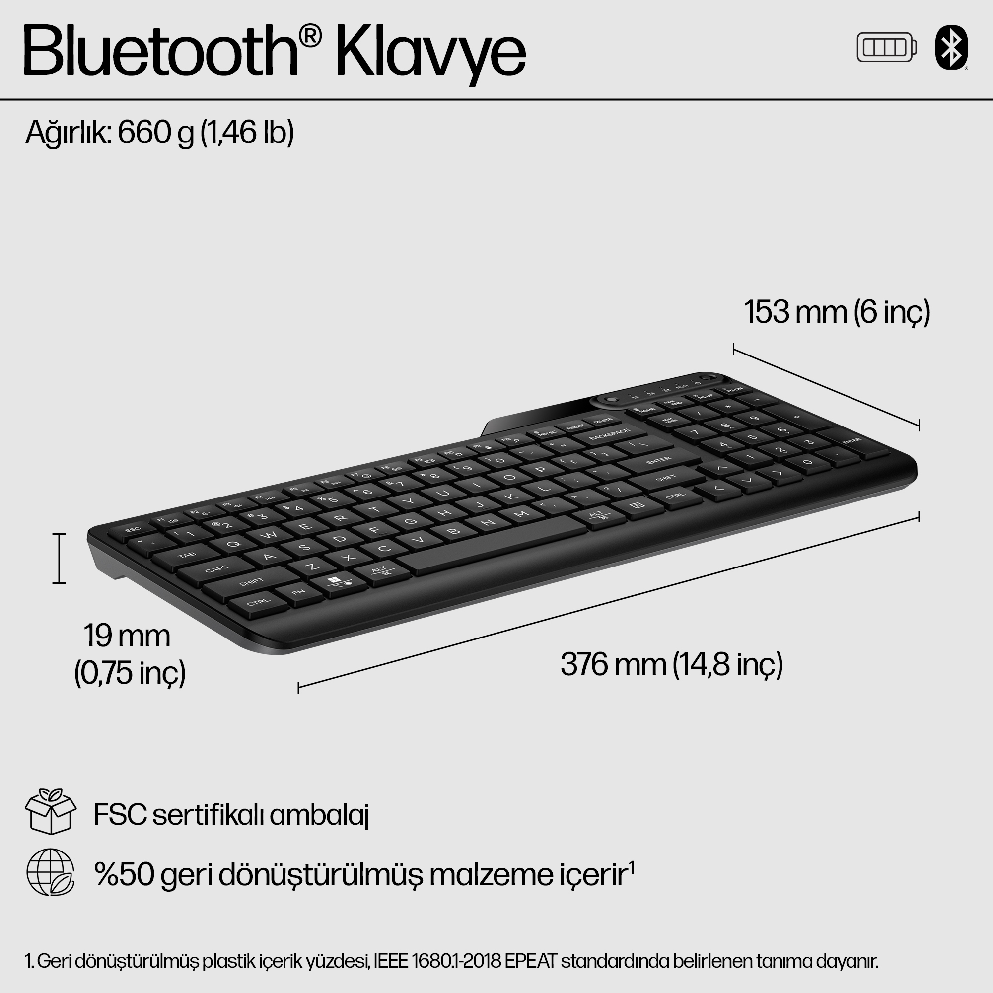 Ölçüleriyle birlikte siyah Bluetooth klavyenin teknik çizimi.