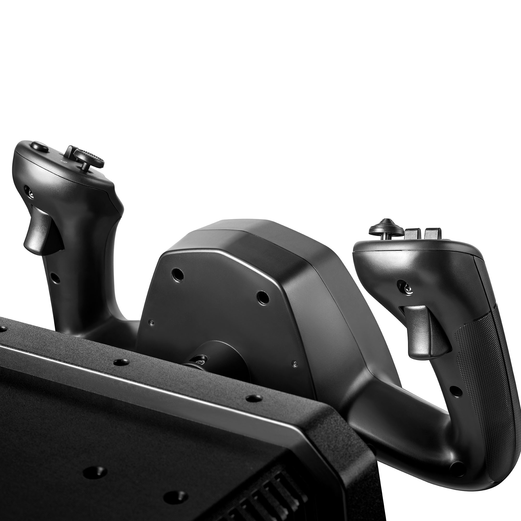 Schwarzes Flugsimulations-Yoke-Lenkrad mit zwei ergonomischen Griffen und Bedienelementen vor weißem Hintergrund.