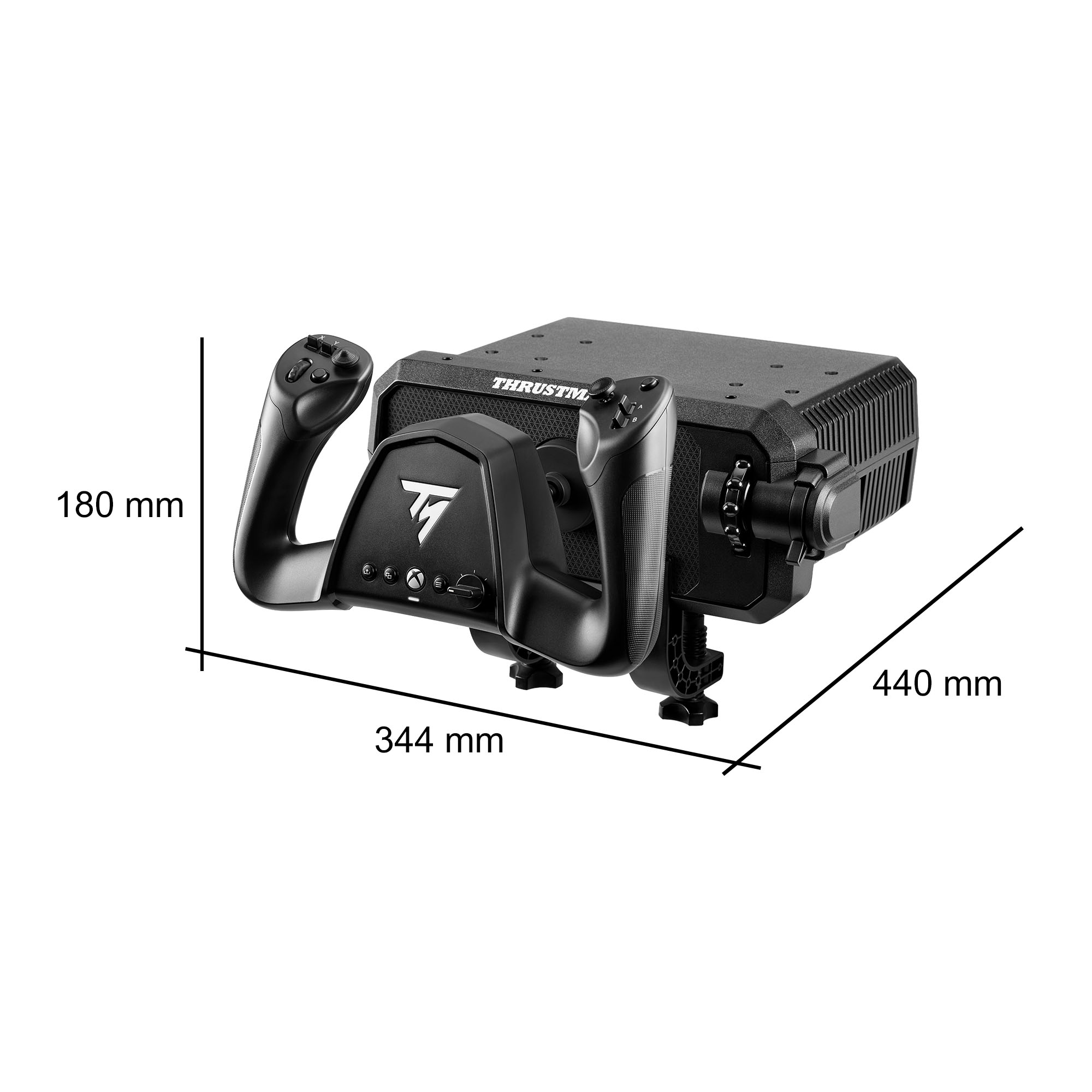 Schwarzer Thrustmaster Yoke mit Maßen: 180 mm Höhe, 344 mm Breite und 440 mm Tiefe auf weißem Hintergrund.