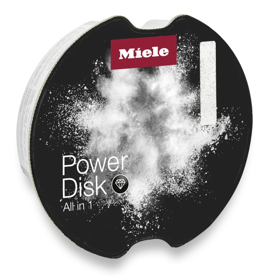 Czarne opakowanie detergentu do zmywarek Miele PowerDisk All in 1 z białym motywem proszku.