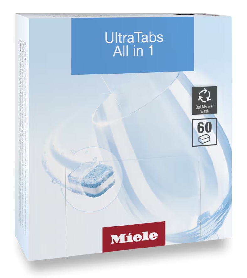 Opakowanie tabletek do zmywarki Miele UltraTabs All in 1 zawierające 60 sztuk i szklankę.