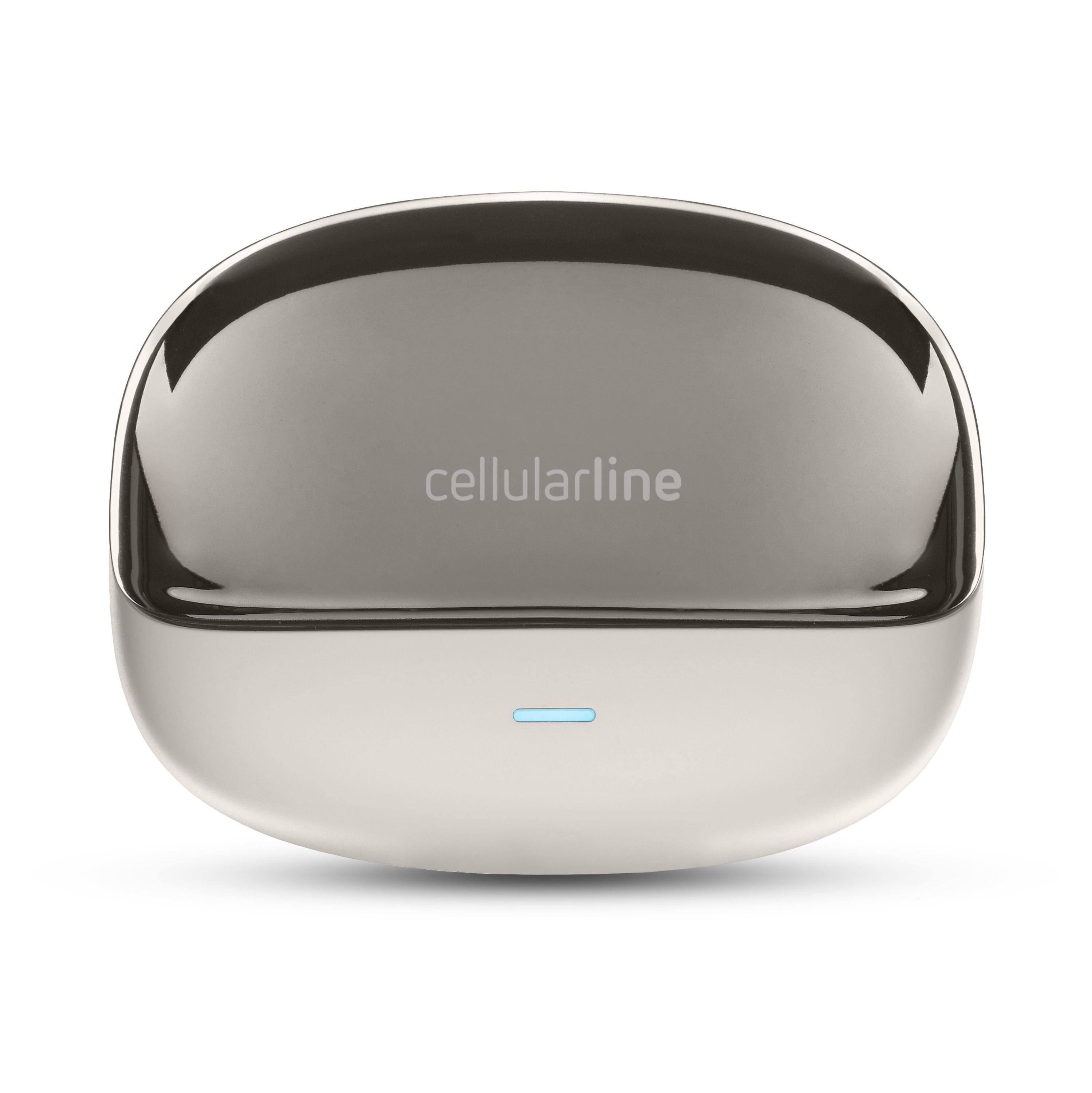 Ön tarafında Cellularline logosu ve küçük bir mavi LED ışığı olan oval, parlak şarj kutusu.