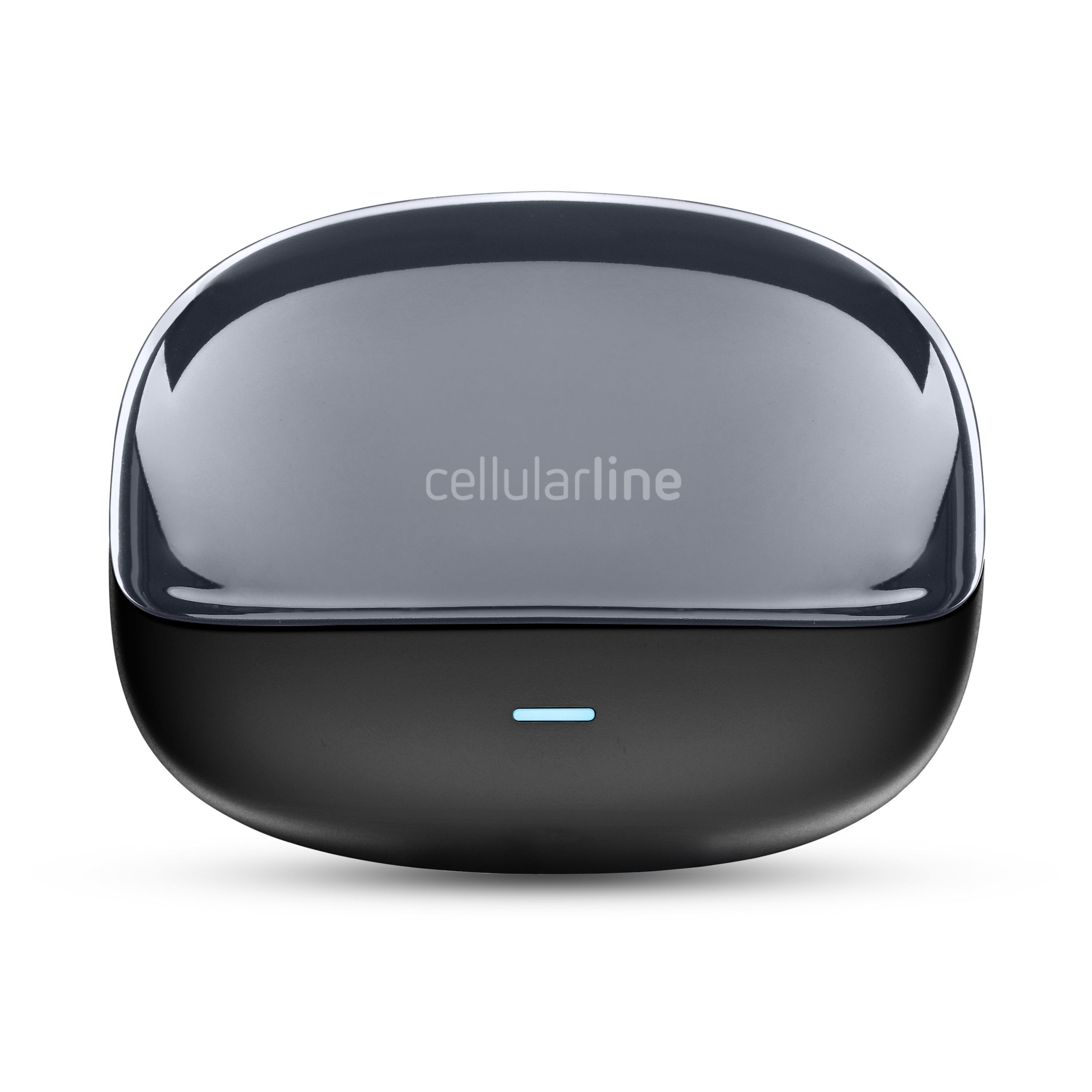 Mavi LED ışıklı ve Cellularline logolu parlak siyah kablosuz kulaklık şarj kutusu.