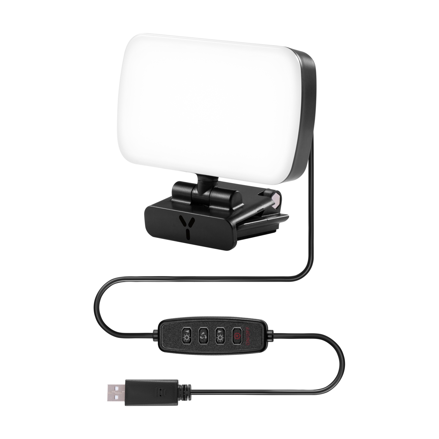 Luce video LED portatile con clip, controllo integrato e cavo USB.