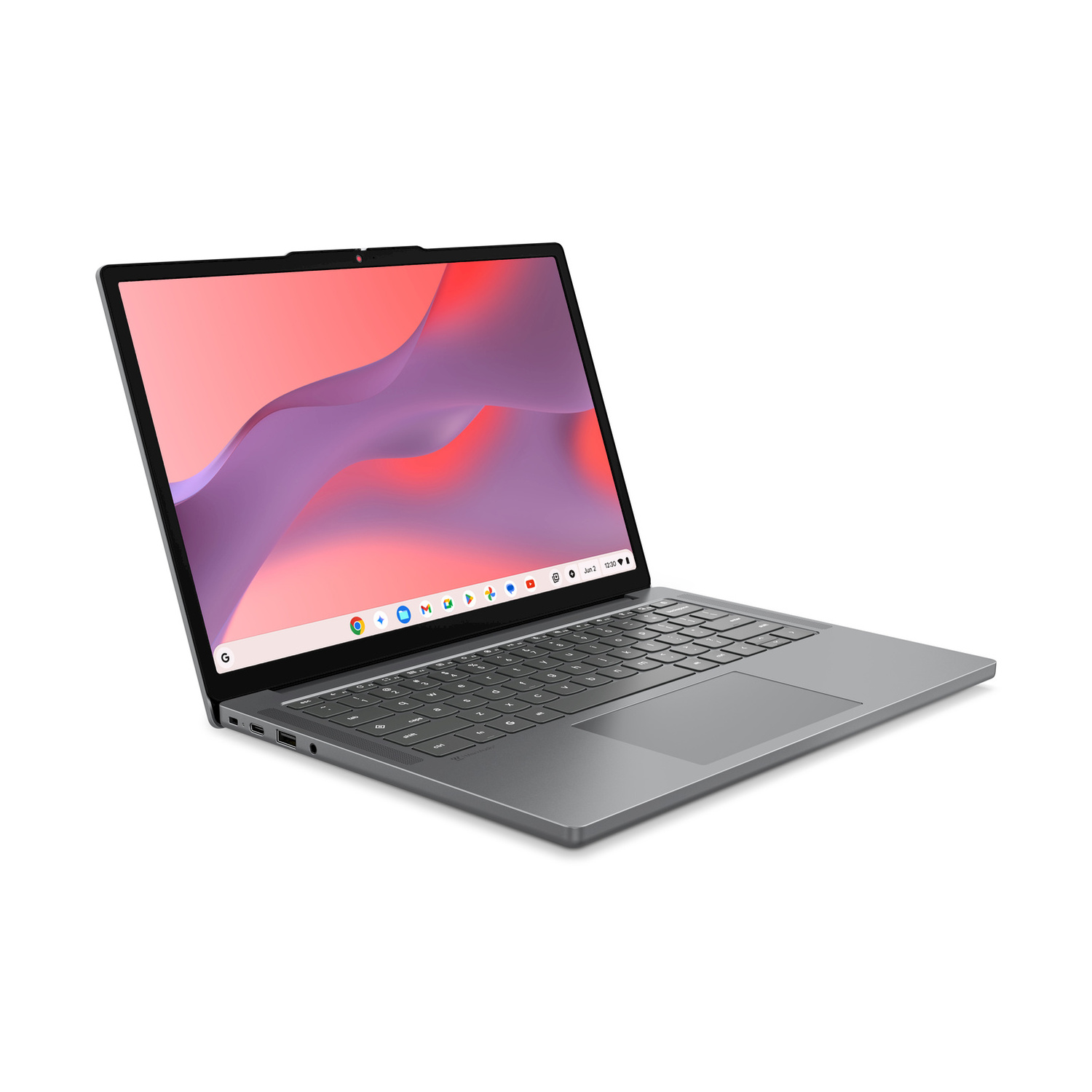 Un computer portatile grigio con schermo aperto mostra un motivo astratto a onde rosa e viola.