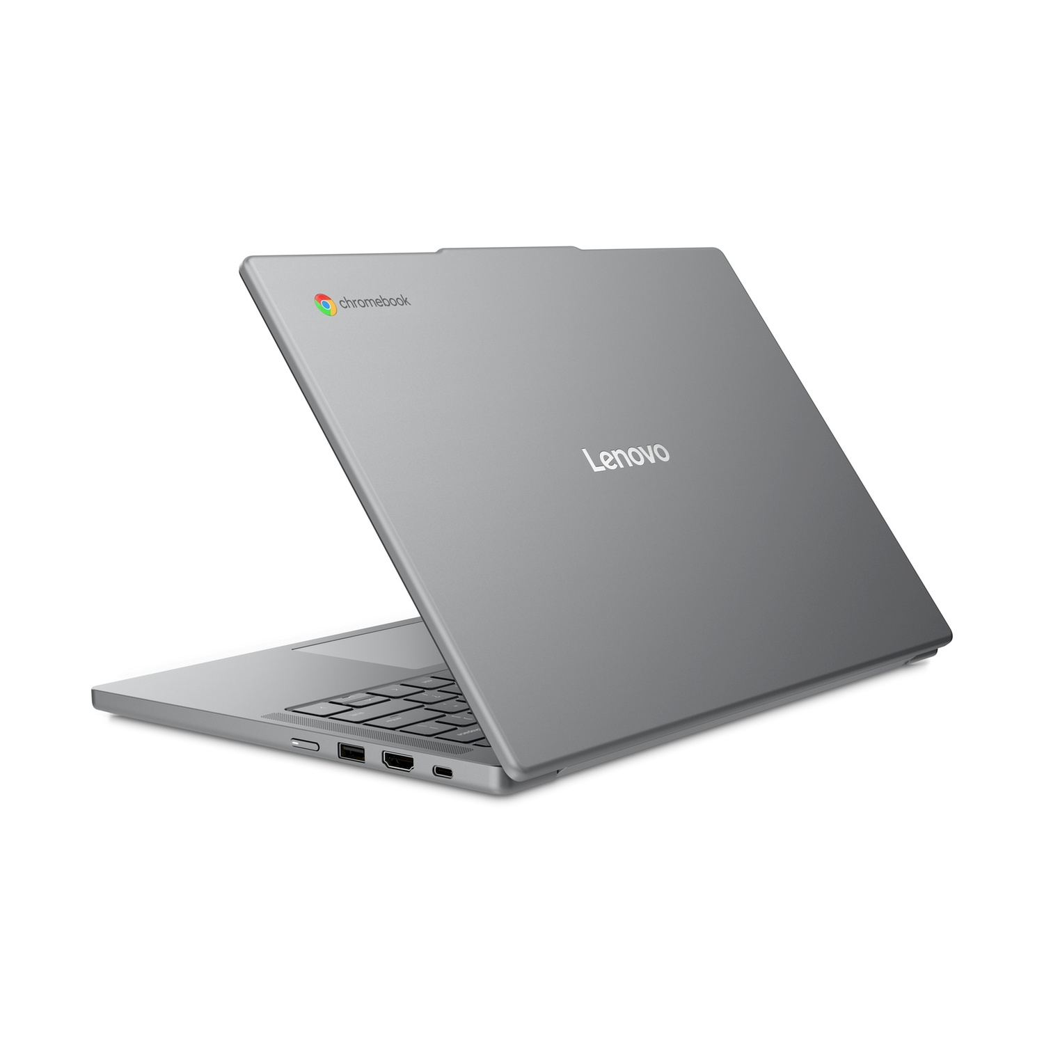 Un computer portatile Lenovo Chromebook grigio è leggermente aperto su una superficie bianca.