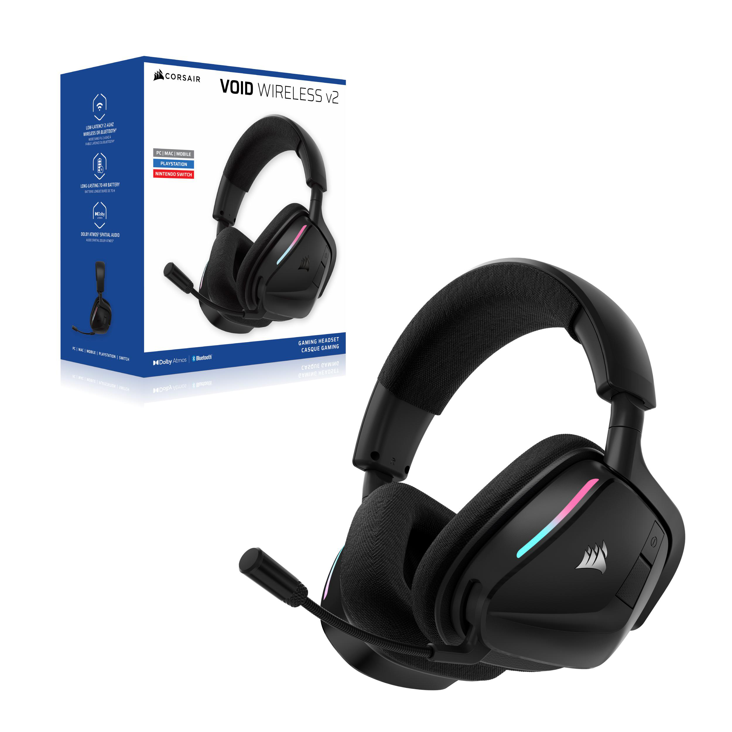 Schwarzes Corsair Void Wireless V2 Gaming-Headset mit Mikrofon und seiner blau-weißen Produktverpackung.