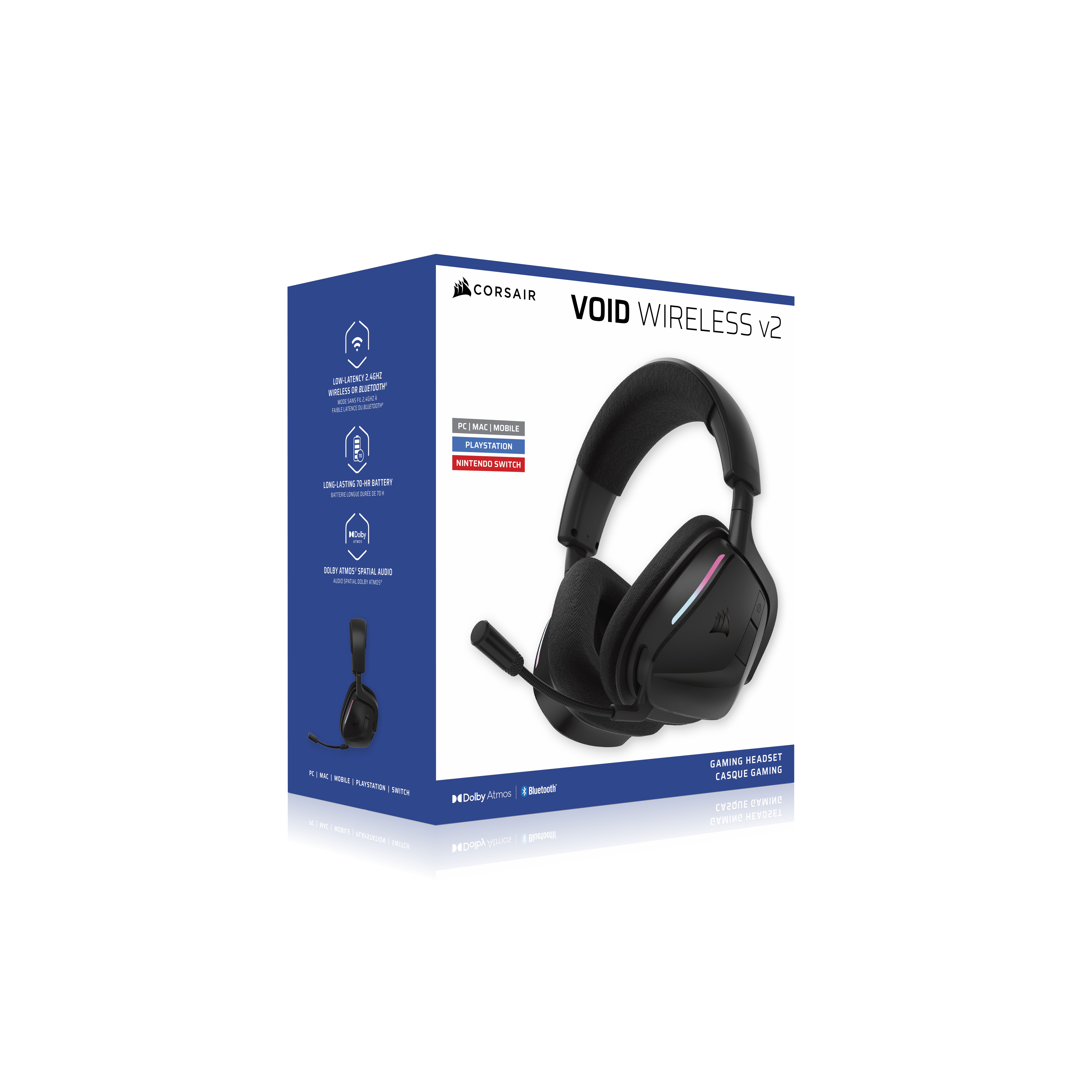 Produktverpackung des schwarzen Corsair Void Wireless v2 Gaming-Headsets mit integriertem Mikrofon.