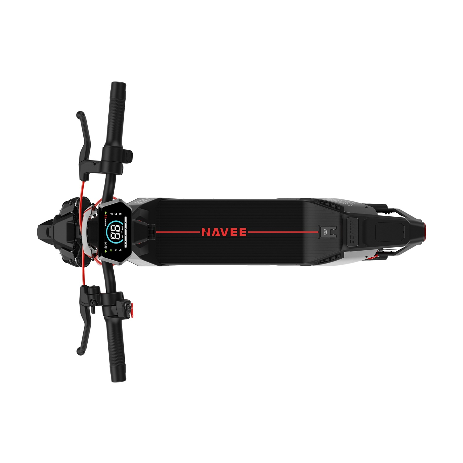 Vista dall'alto di un monopattino elettrico nero con striscia rossa e display.