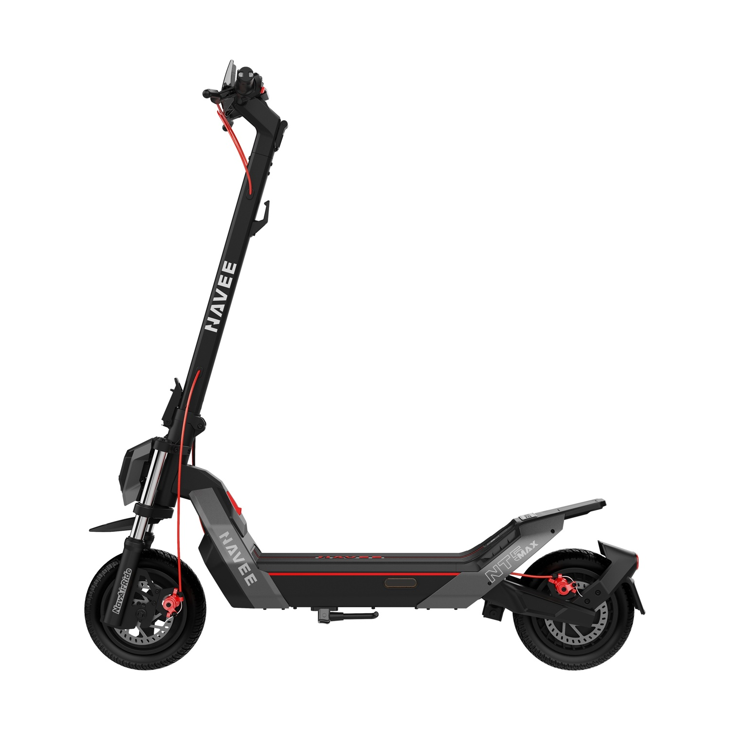 Monopattino elettrico nero con dettagli rossi e scritta del marchio su fondo bianco.