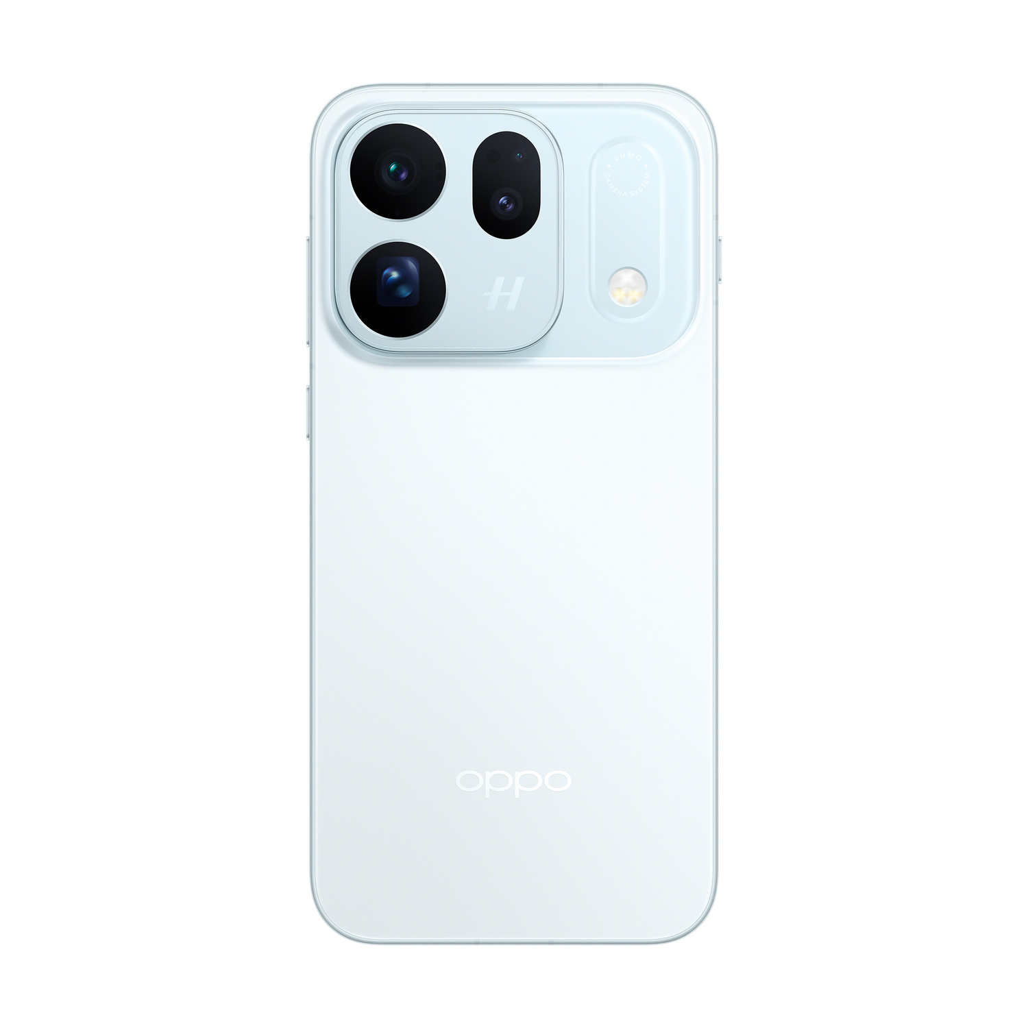 Retro di uno smartphone Oppo azzurro con tripla fotocamera e logo.