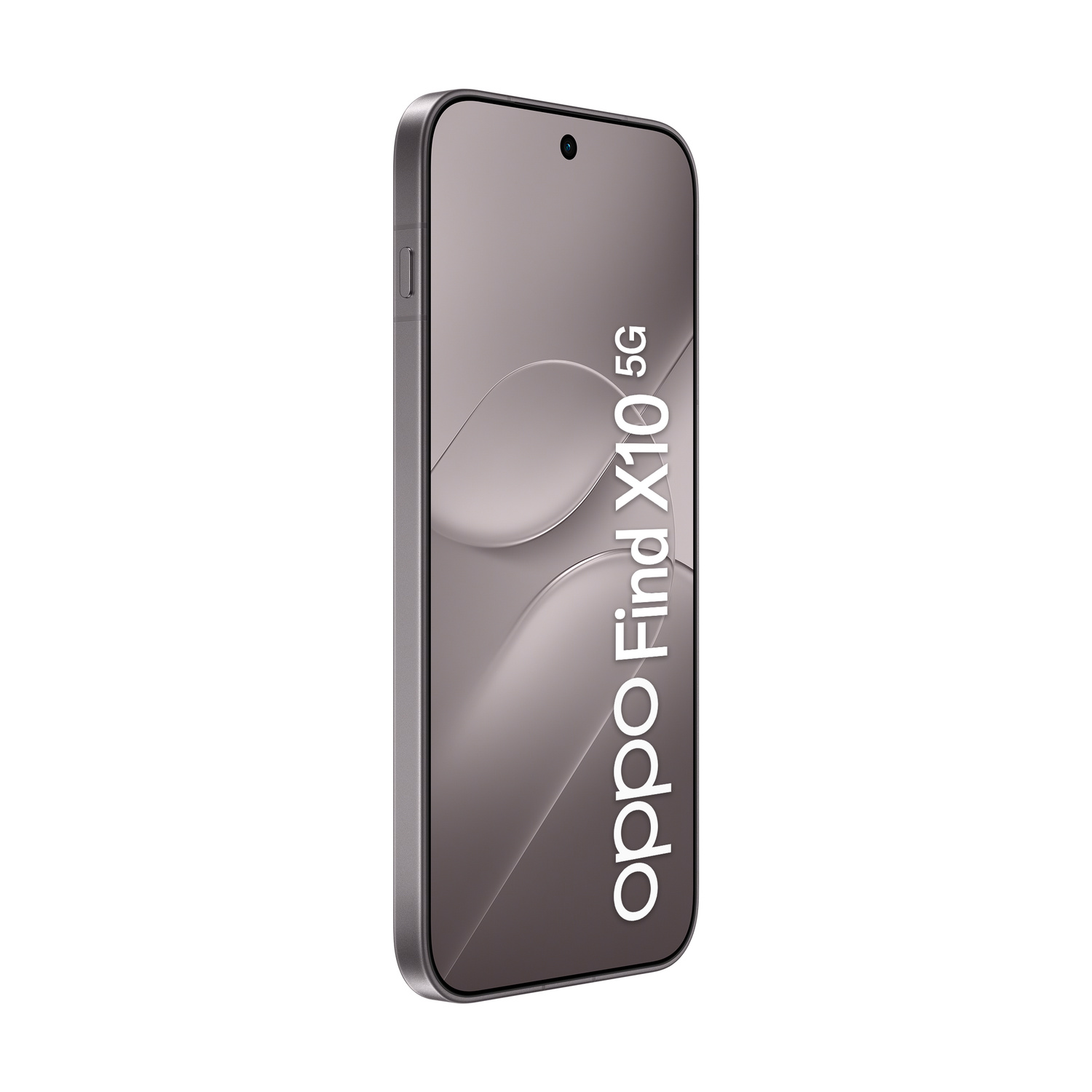 Smartphone grigio Oppo Find X10 5G visto di fronte con schermo curvo su sfondo bianco.