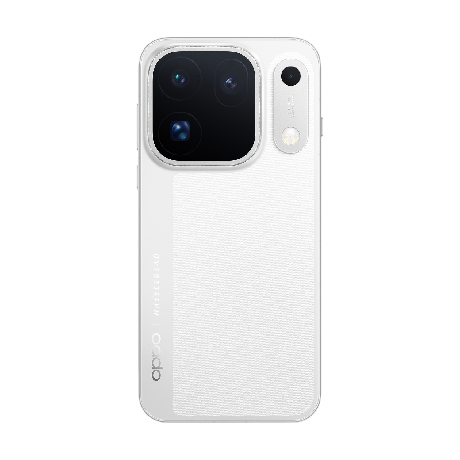 Smartphone bianco visto da dietro, con modulo tripla fotocamera quadrato, flash e logo Oppo.