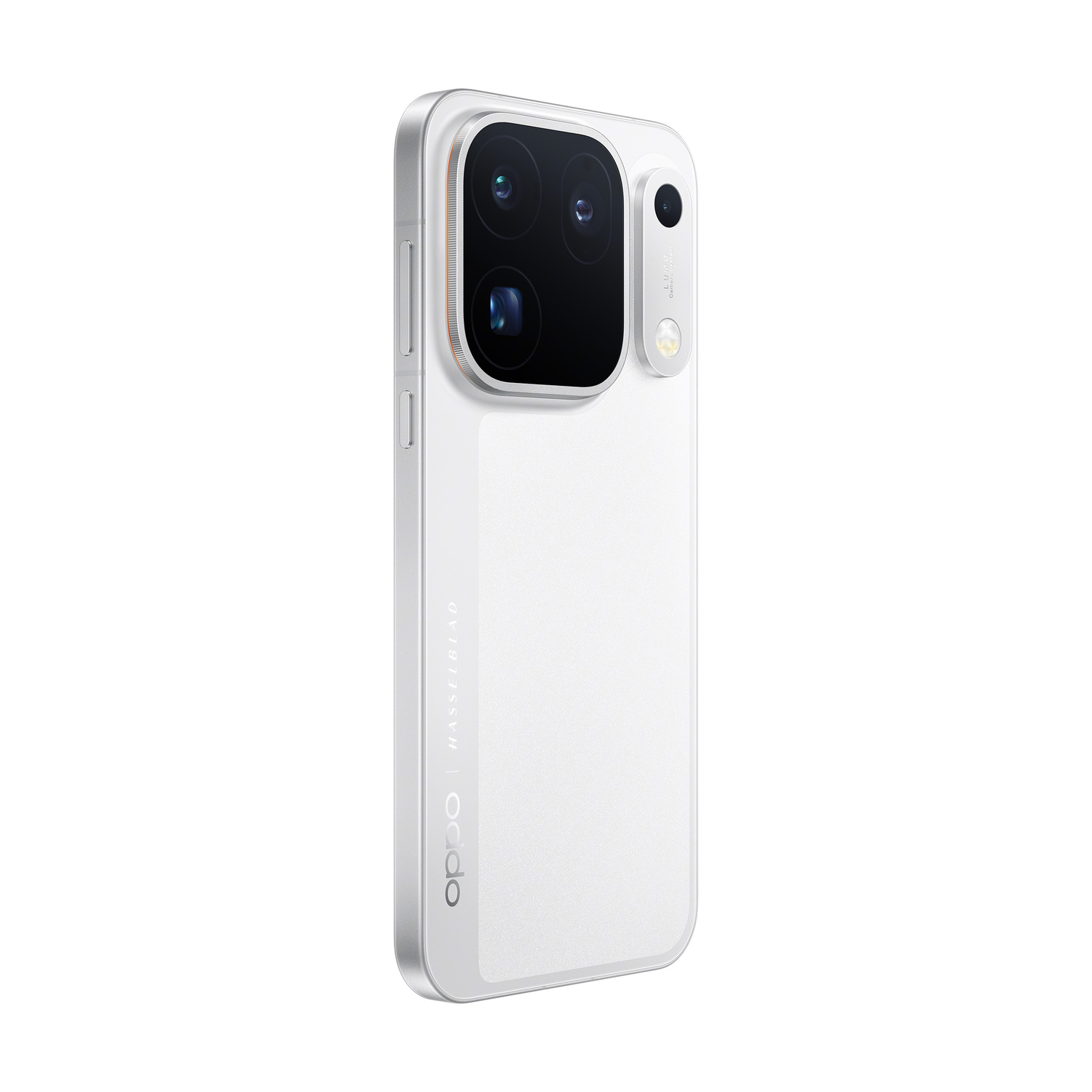 Retro di uno smartphone bianco con tripla fotocamera e logo Hasselblad.