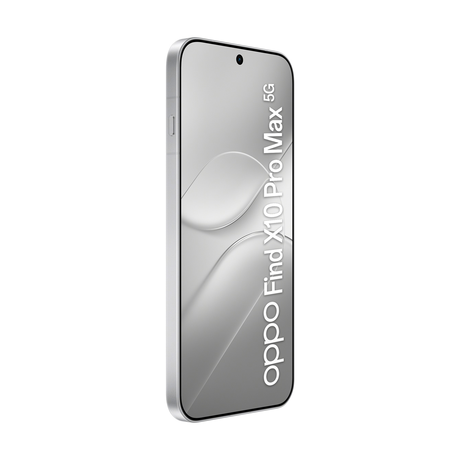 Smartphone argento Oppo Find X10 Pro Max 5G in vista verticale su sfondo bianco.