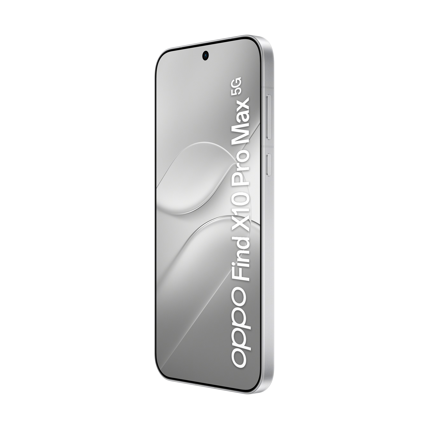 Smartphone argentato Oppo Find X10 Pro Max 5G visto da un'angolazione.