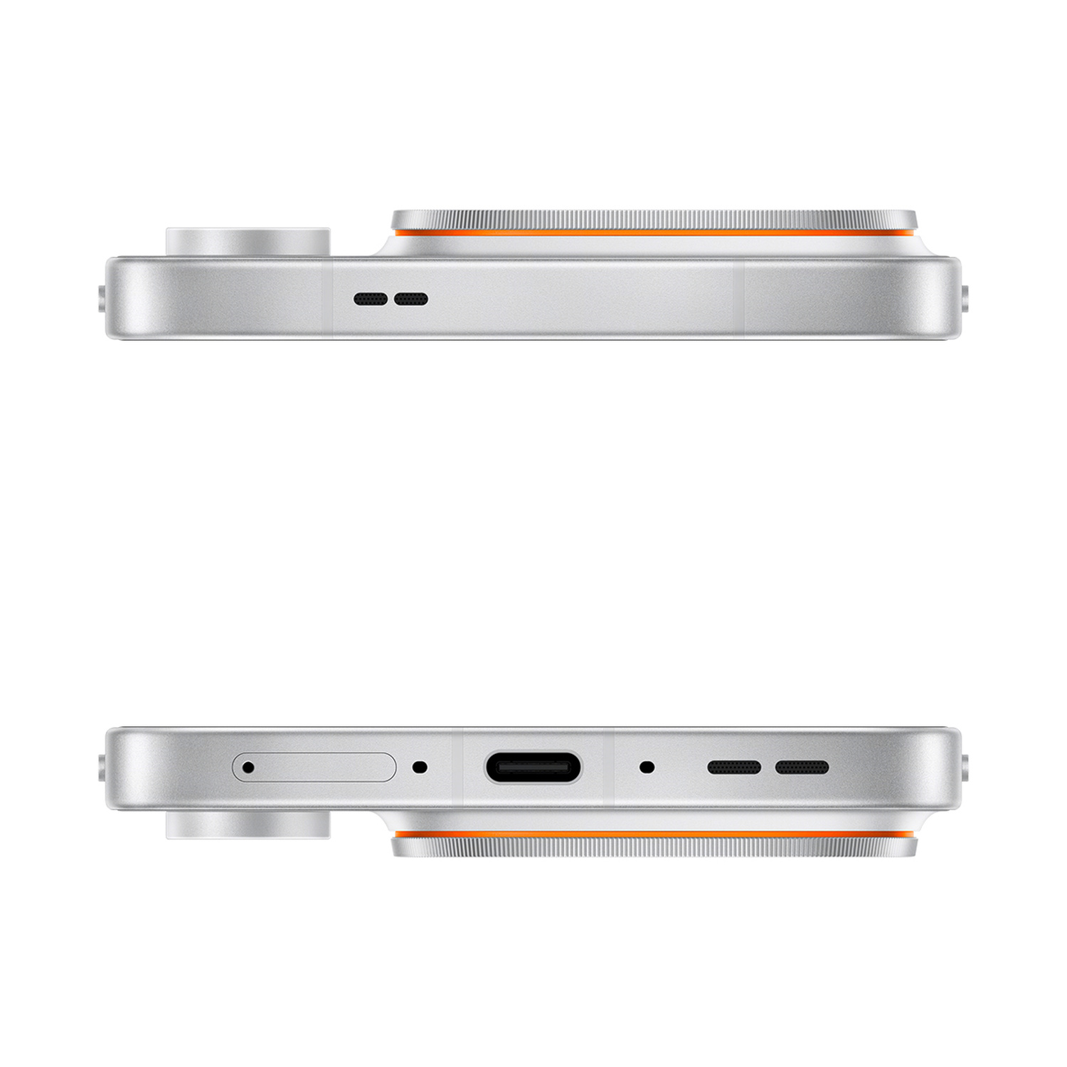 Vista laterale di uno smartphone argento con porta USB-C, altoparlanti e fotocamera.
