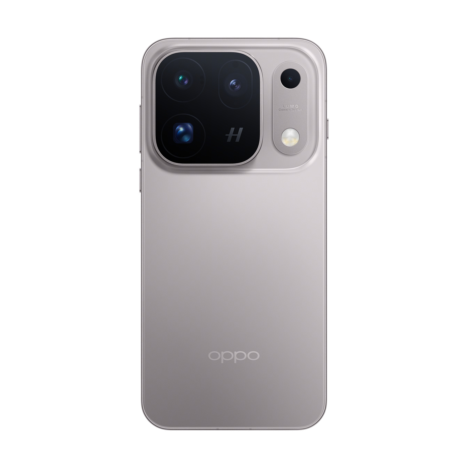 Retro di uno smartphone OPPO argento con ampio modulo fotocamera rettangolare e logo Oppo.