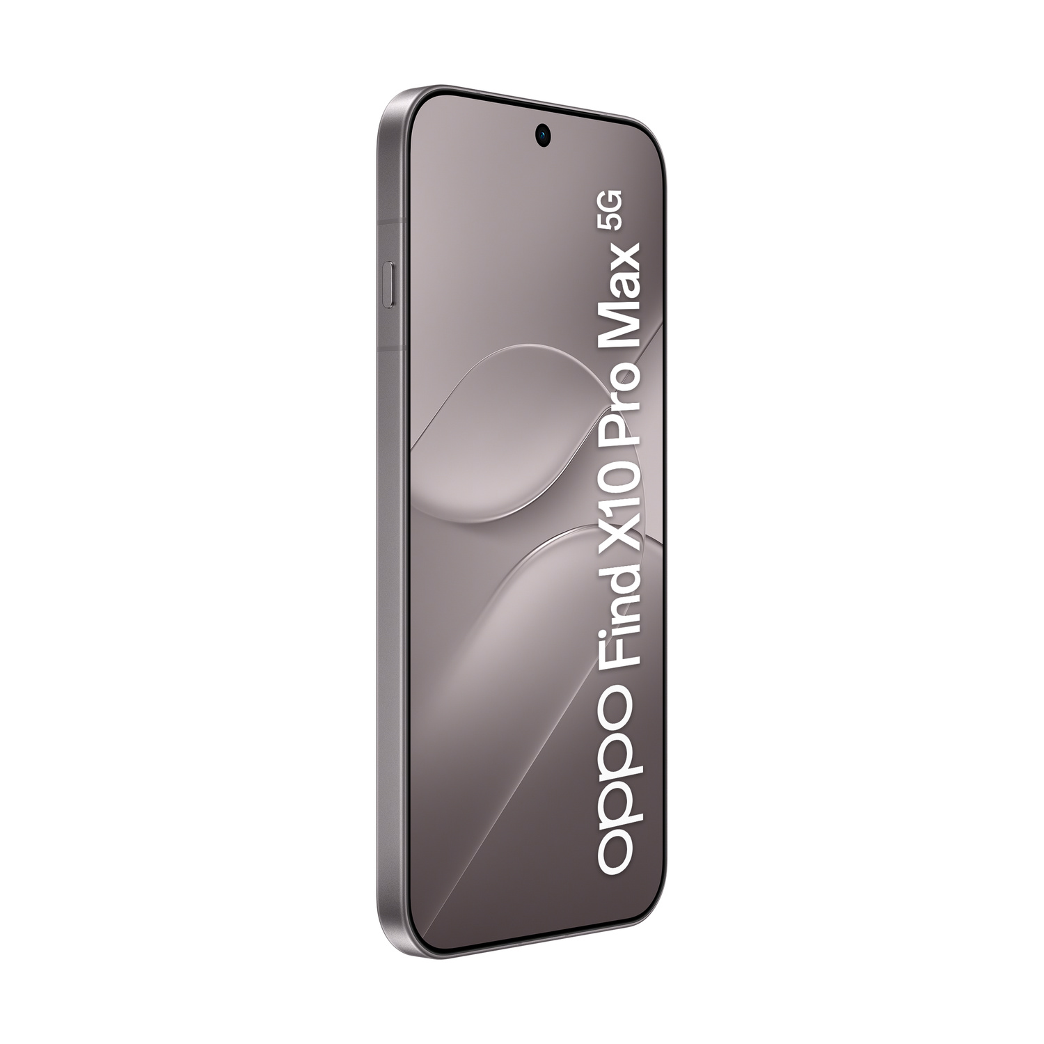Smartphone Oppo Find X10 Pro Max 5G grigio, leggermente inclinato, con testo sullo schermo.
