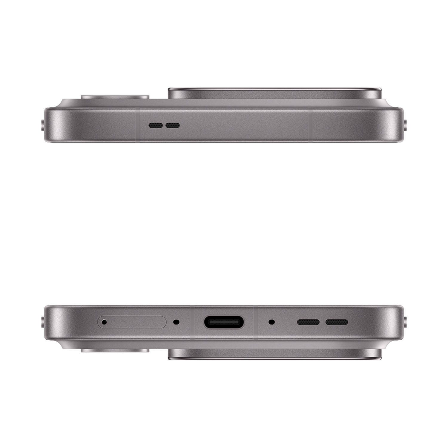 Viste laterali di uno smartphone grigio con porte e pulsanti su sfondo bianco.