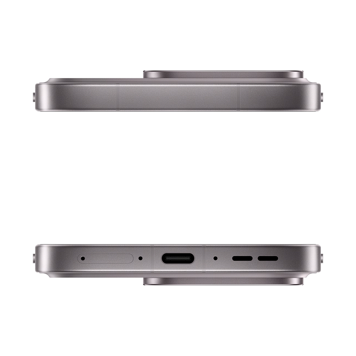 Vista laterale di uno smartphone argento che mostra la parte inferiore con porta USB-C e altoparlante.