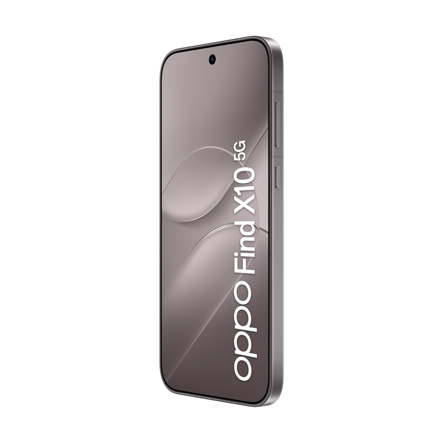 Smartphone grigio Oppo Find X10 5G con testo sullo schermo e tasti laterali.