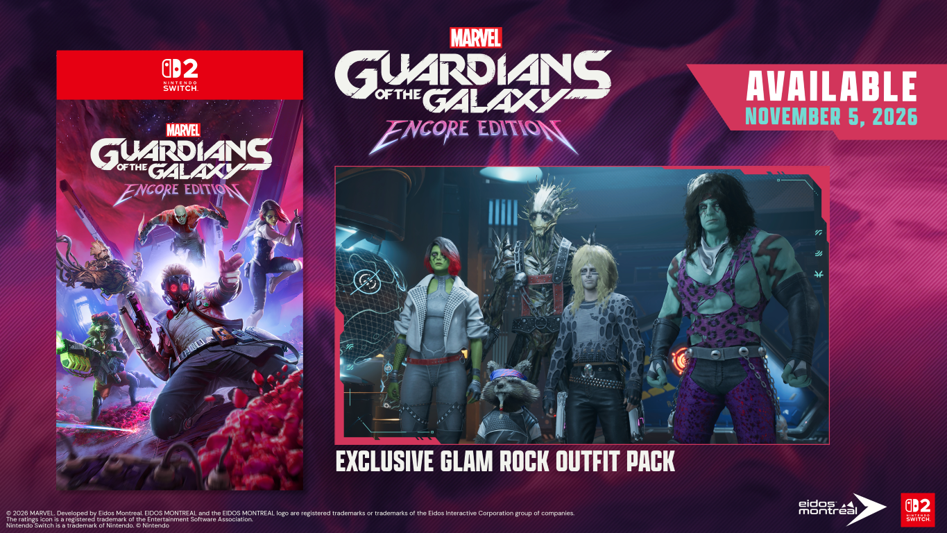 Guardians of the Galaxy Encore Edition na Nintendo Switch ze strojami rockowymi, premiera 5 listopada 2026.