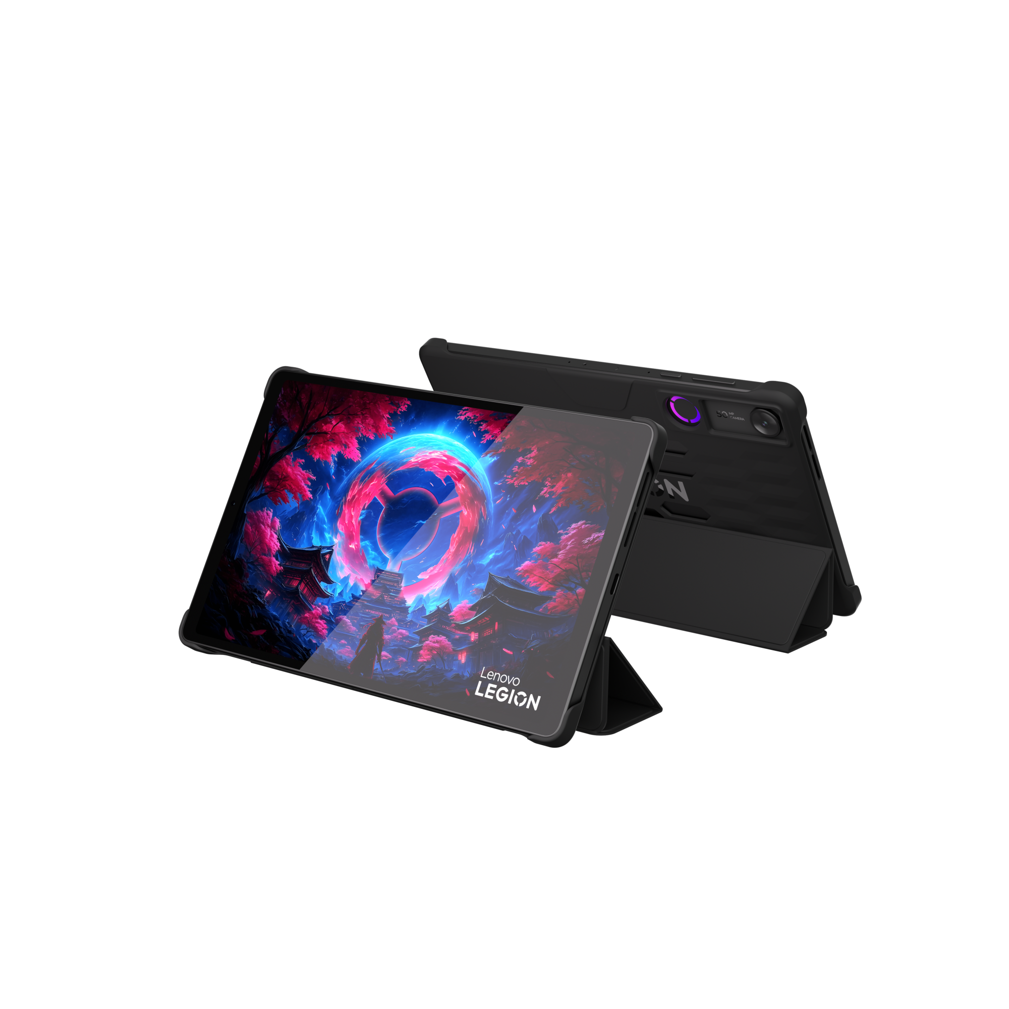 Siyah kılıflı Lenovo Legion tablet ve kırmızı fantastik duvar kağıdı.