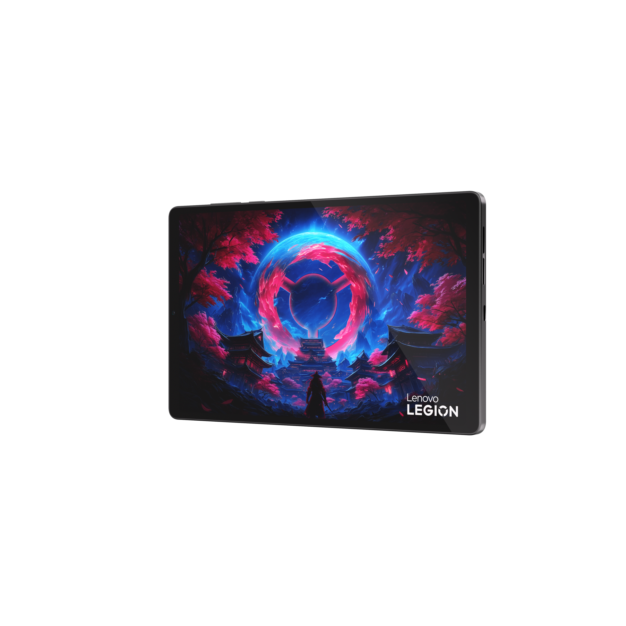 Kırmızı ve mavi tonlarında renkli bir fantastik duvar kağıdı gösteren Lenovo Legion tablet.