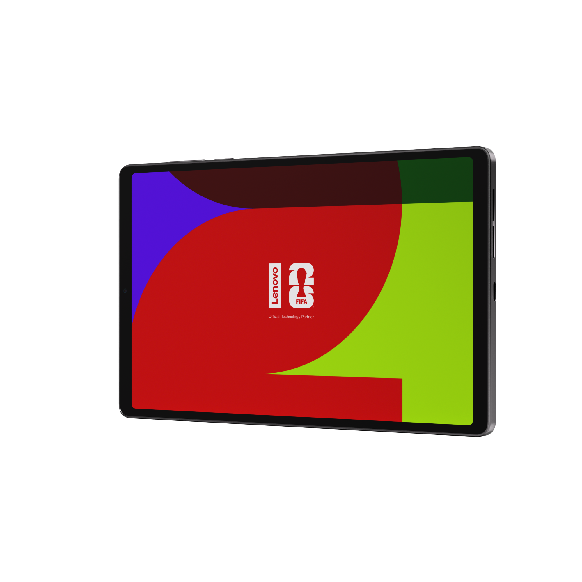 Siyah bir tablette, siyah arka plan üzerinde renkli bir Lenovo ve FIFA grafiği görüntüleniyor.