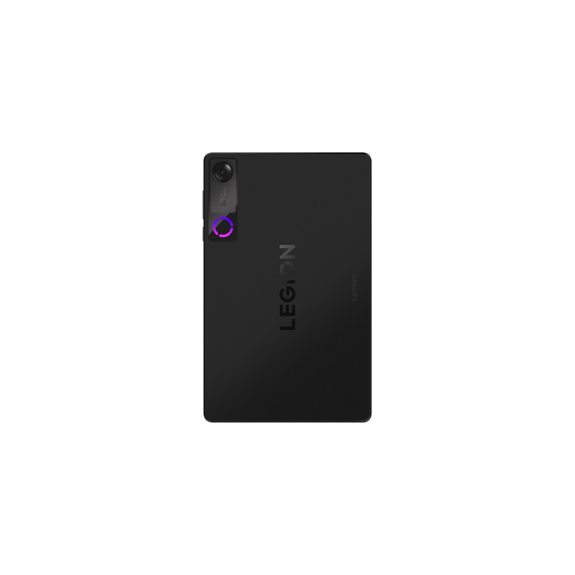 Siyah arka planda kamera ve ışıklı halka bulunan siyah renkli Lenovo Legion tabletin arka yüzü.