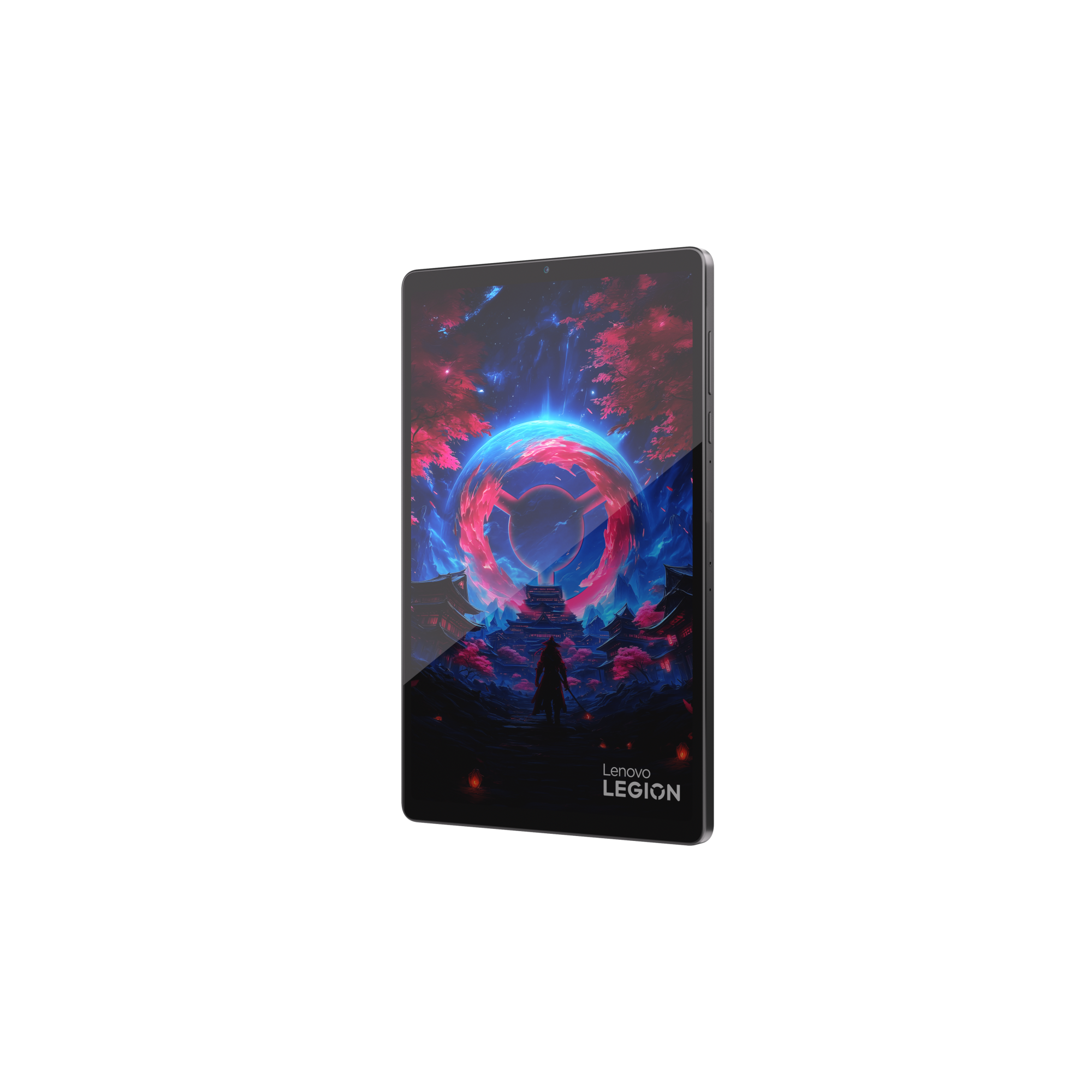 Siyah bir Lenovo Legion tablet, ekranında parlayan bir portrenin yer aldığı renkli bir fantezi illüstrasyonu gösteriyor.