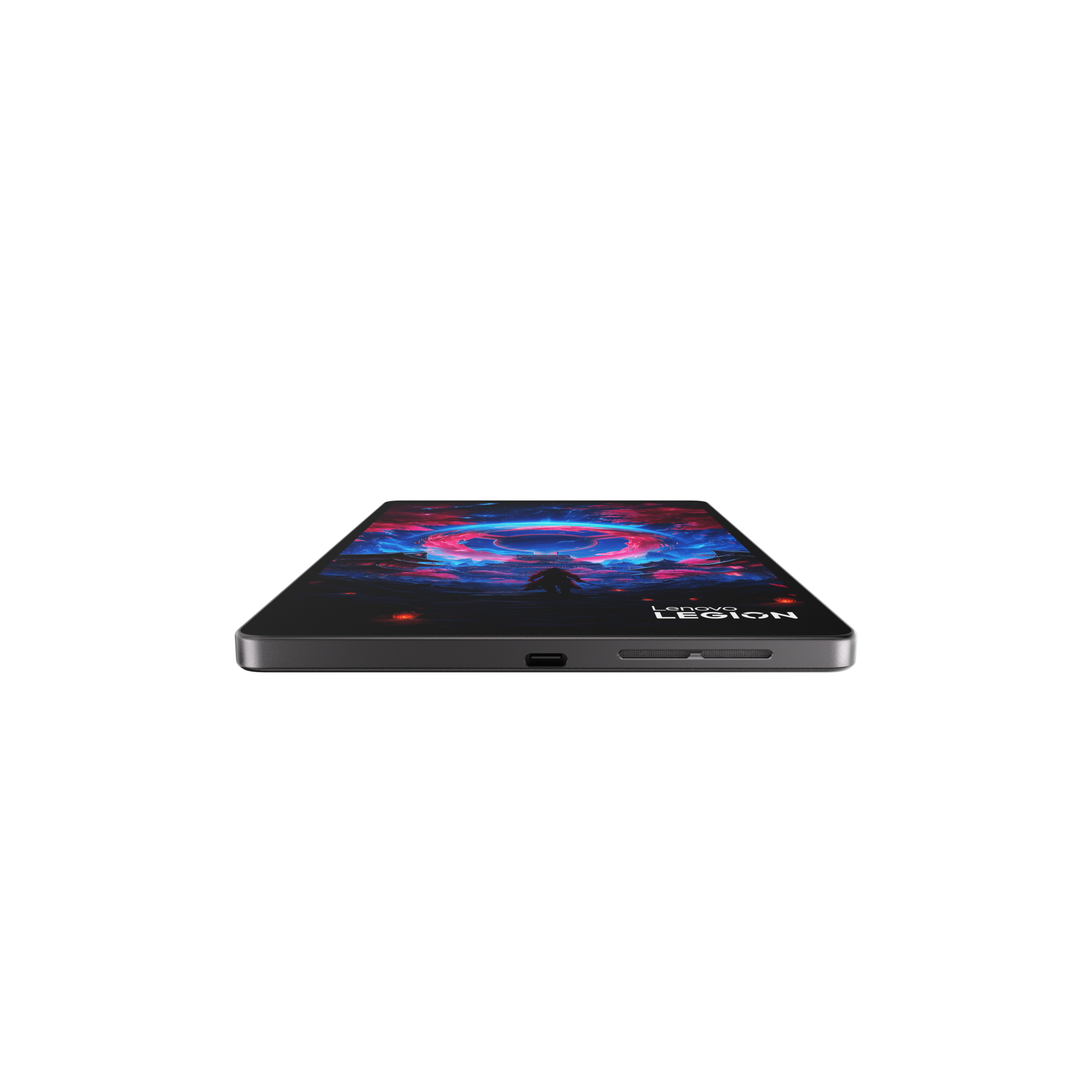 Siyah kılıf içindeki bir Lenovo Legion tablet, siyah arka planda renkli bir duvar kağıdı gösteriyor.