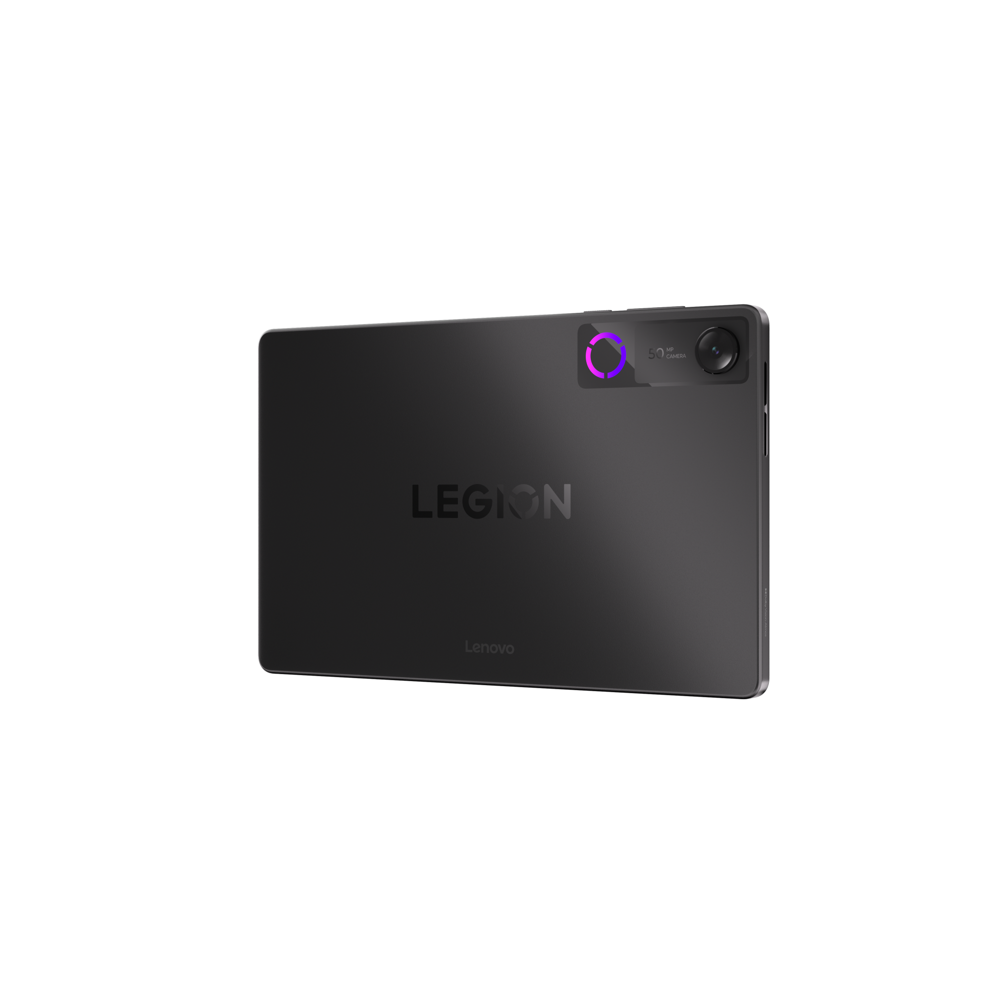 Siyah arka planda kamera ve yuvarlak ışığa sahip gri bir Lenovo Legion tabletin arka görünümü.