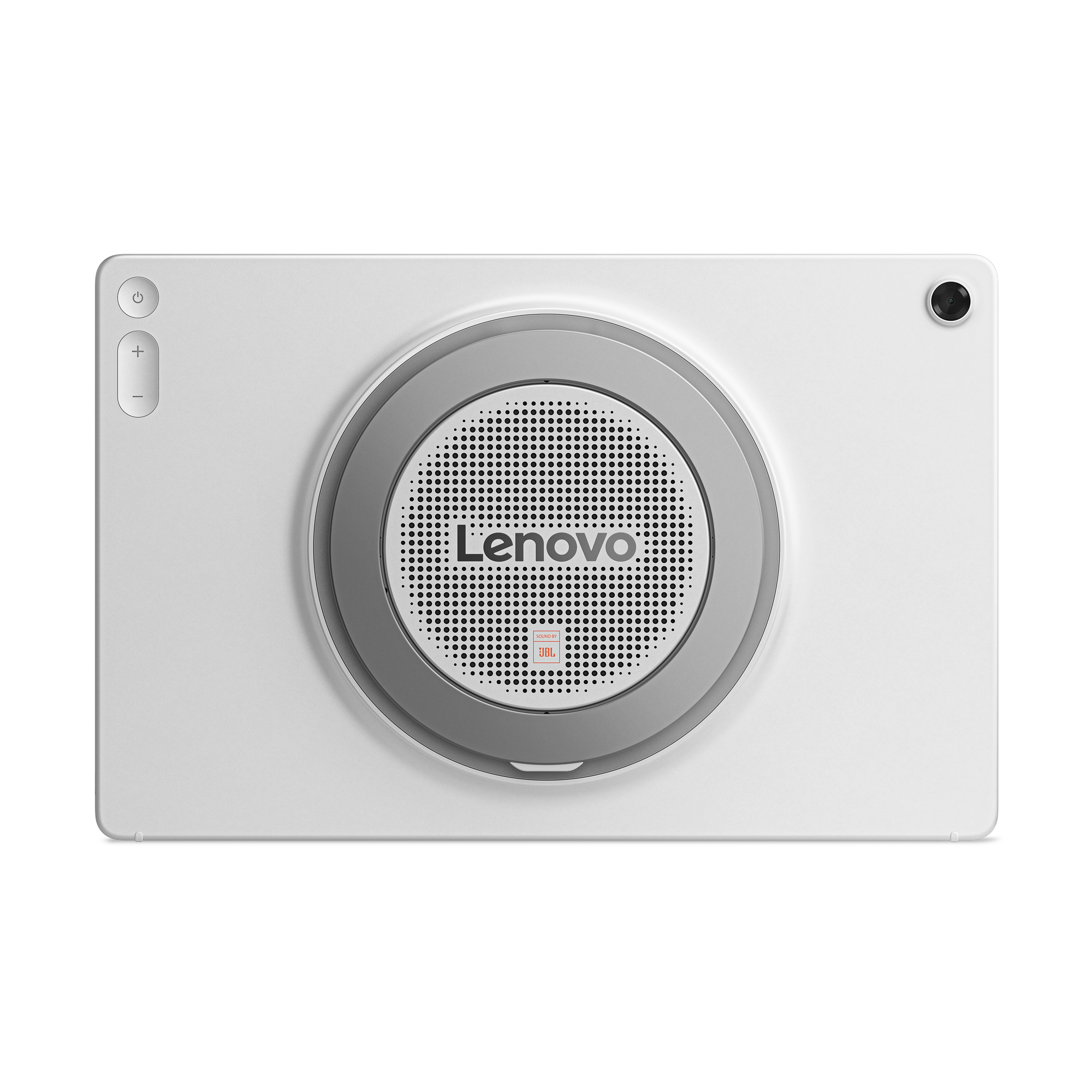Büyük dairesel hoparlör ve kameralı beyaz Lenovo tablet arka yüzü.