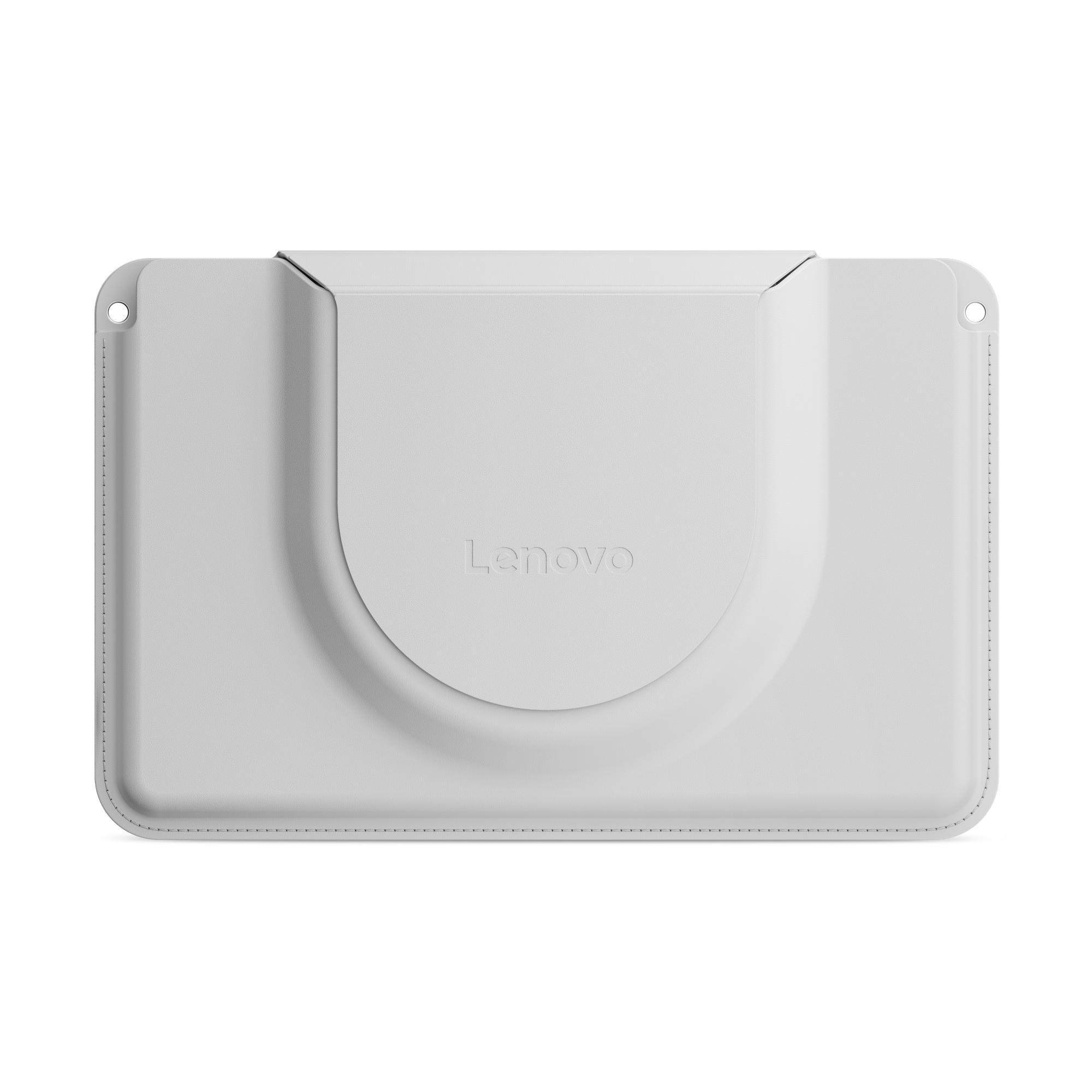 Siyah arka plan üzerinde yuvarlatılmış köşe ve merkezi kapaklı beyaz bir Lenovo tablet kılıfı.