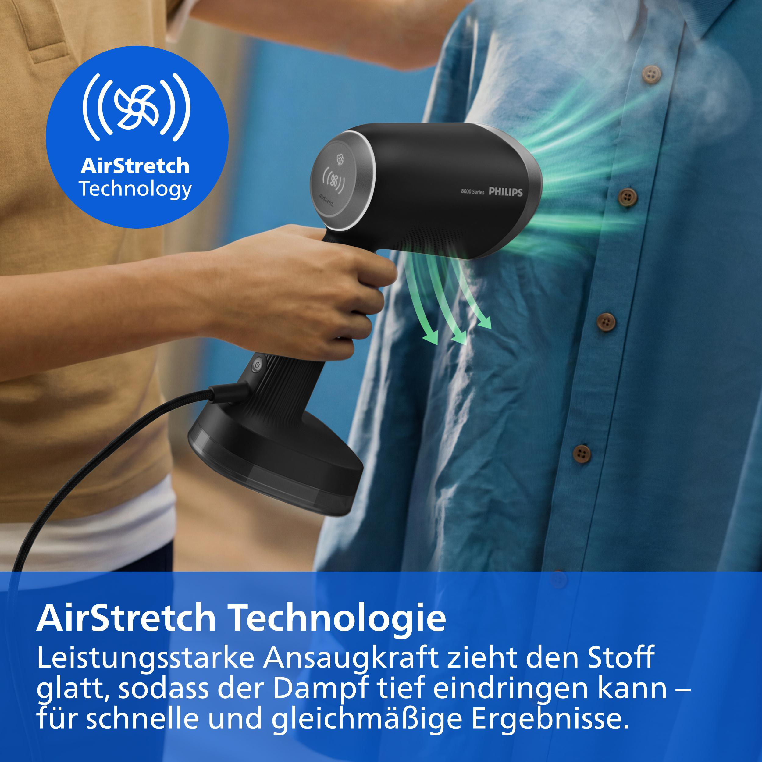 PHILIPS STH8040/80, Dampfstoß 24g/Min, 140 ml und 200 ml Wassertank, AirStretch & OptimalTEMP Technologie, Dampfbürste 1500 Watt, 0,3 bar