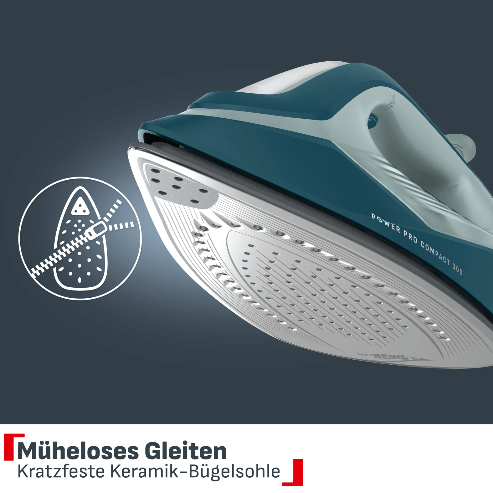 Dunkelblaue Dampfbügeleisen mit heller Keramiksohle und einem Grafiksymbol für reibungsloses Gleiten.