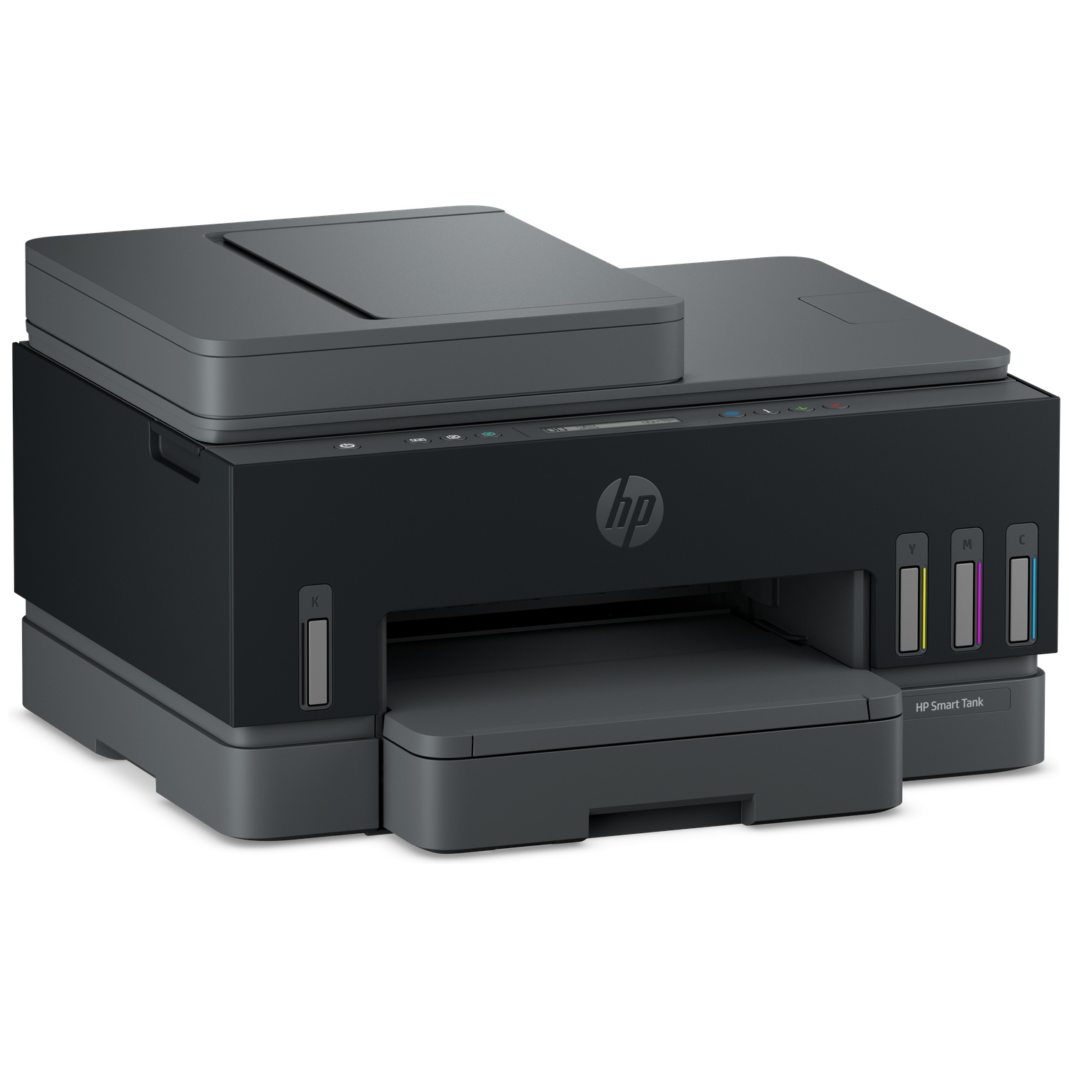 A black HP Smart Tank printer with integrated ink tanks, paper tray, and scanner lid against a white background.