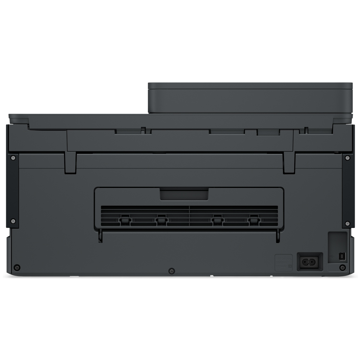 Rear view of a black printer with a central paper jam cover and power and USB ports on the bottom right.