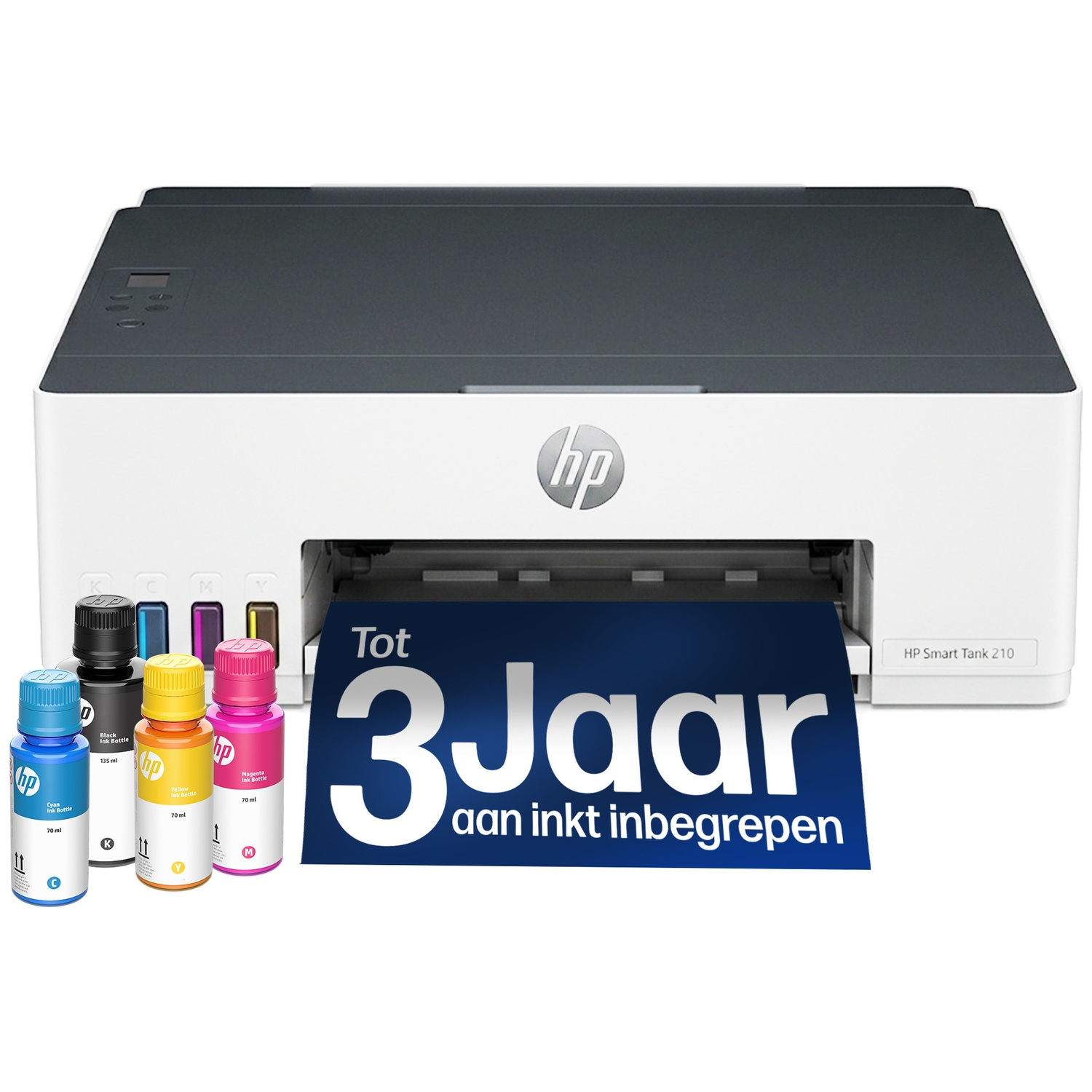 A white HP Smart Tank 210 printer with four ink bottles and a printed promotional banner.