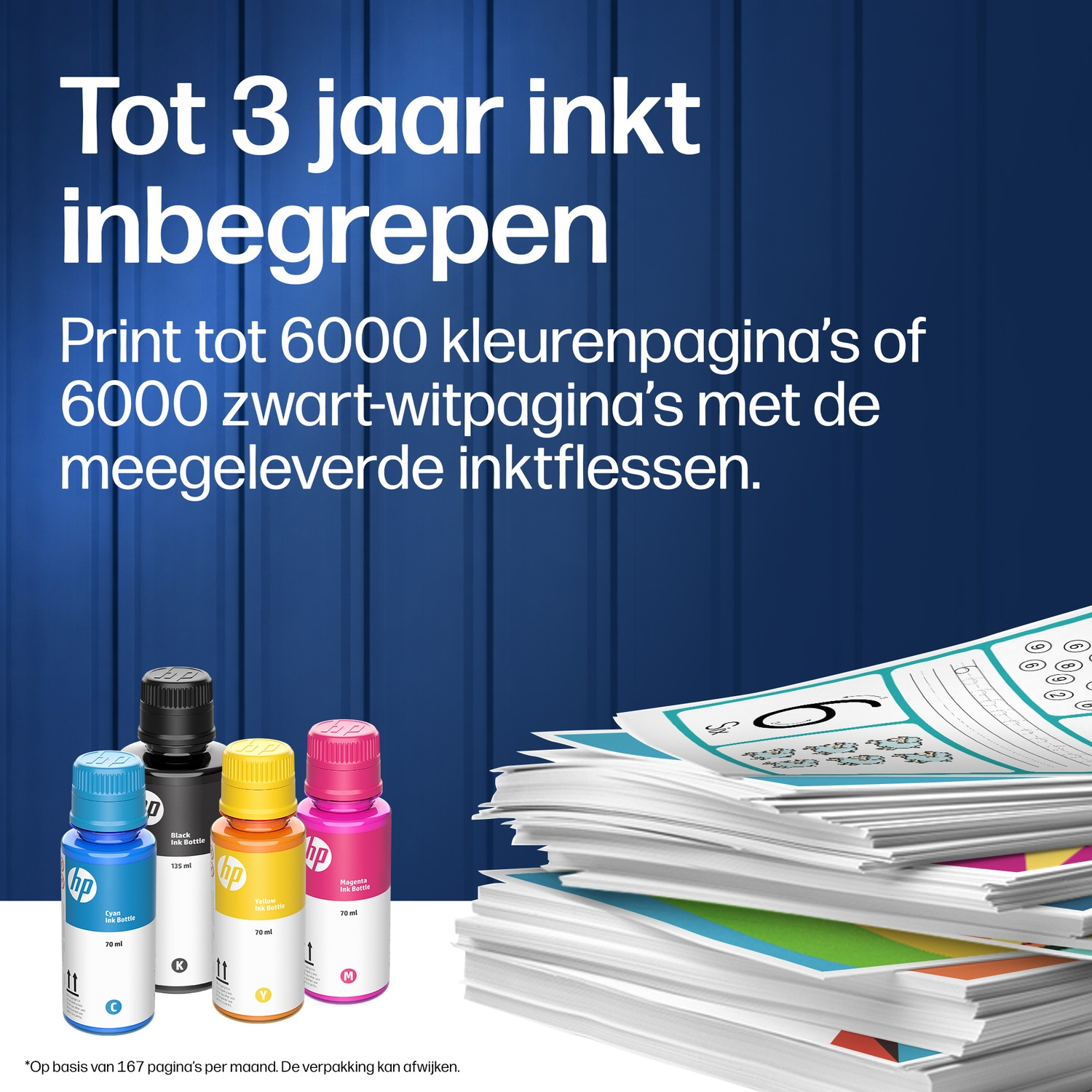 Up to 3 years of ink included with four HP ink bottles and stacks of paper against a blue background.