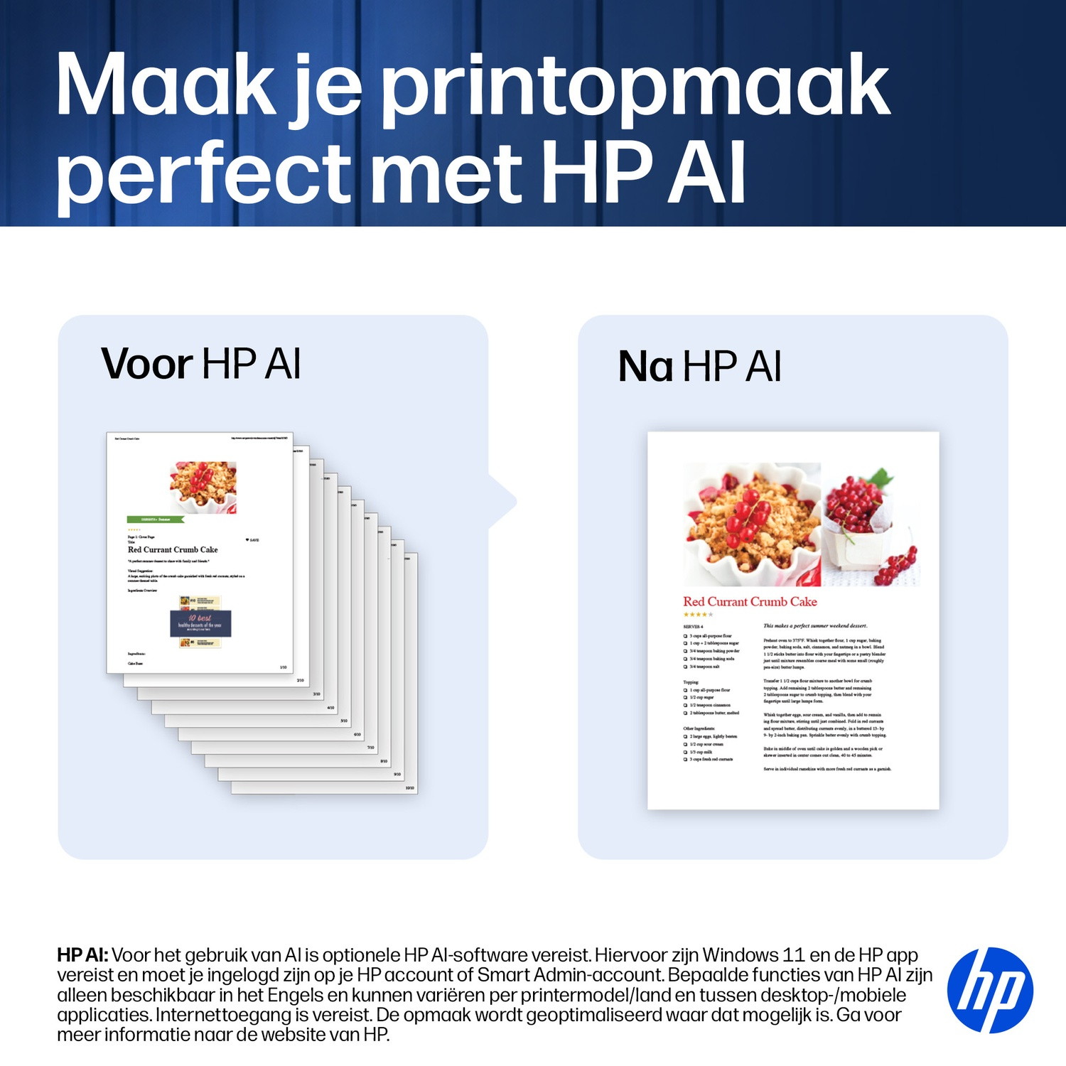 Comparison of documents before and after HP AI: many cluttered pages on the left, one clean document on the right.