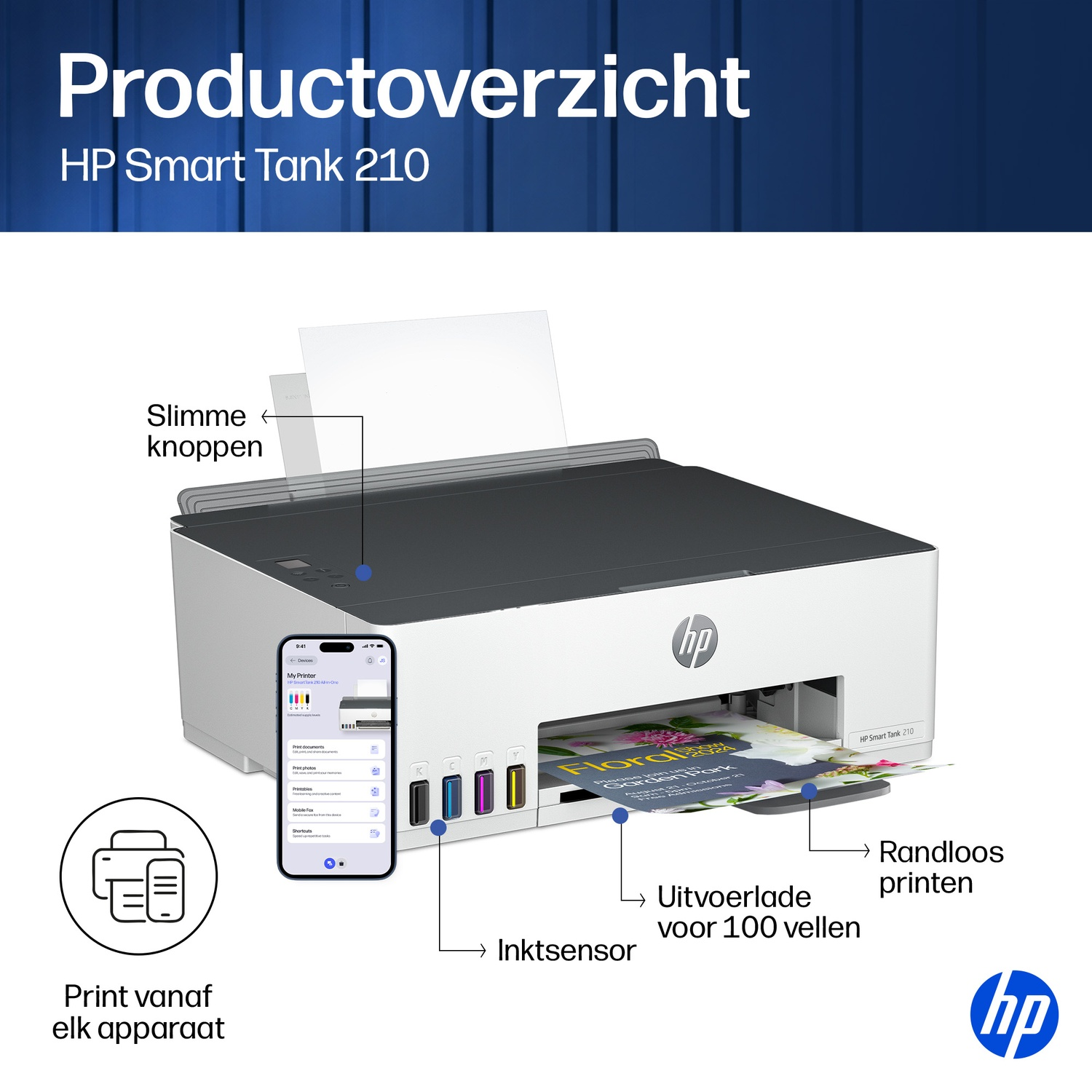 HP Smart Tank 210 printer with a smartphone, ink tanks, and printed document.